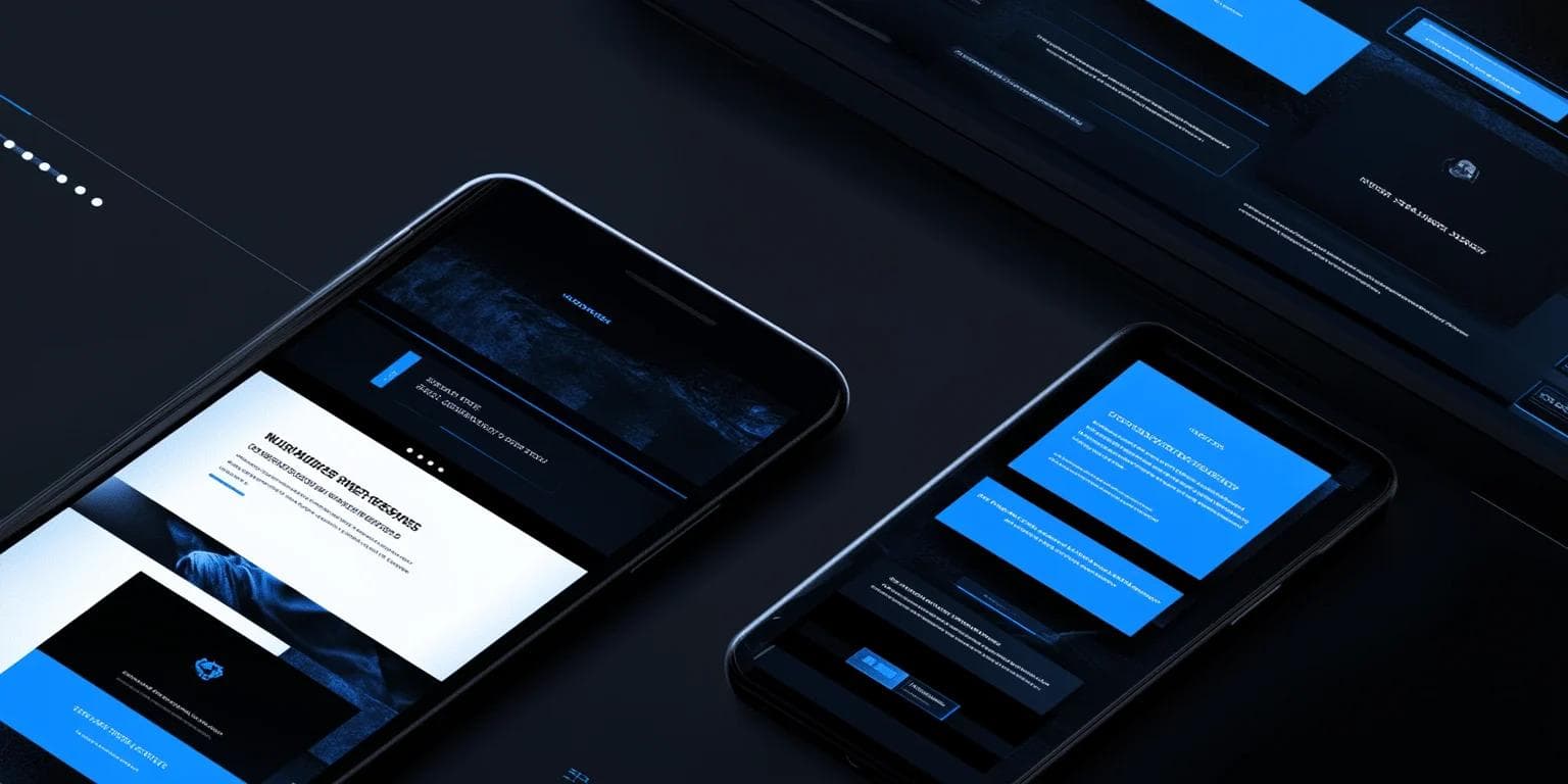 A close-up view of two smartphones displaying a sleek, dark-themed website design with blue accents.