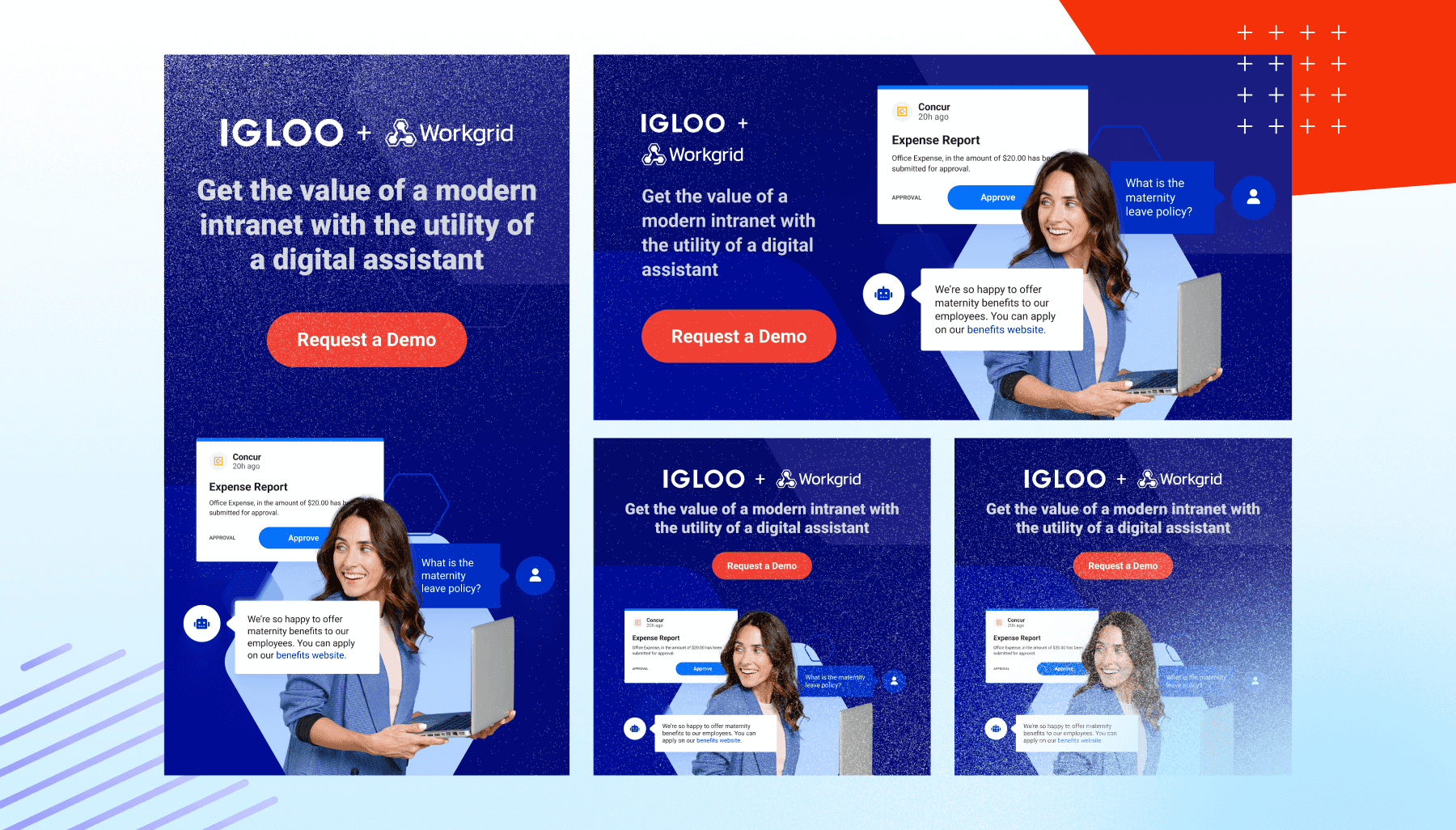 Collage showcasing IGLOO + Workgrid software features, emphasizing digital assistant benefits with a demo request button.