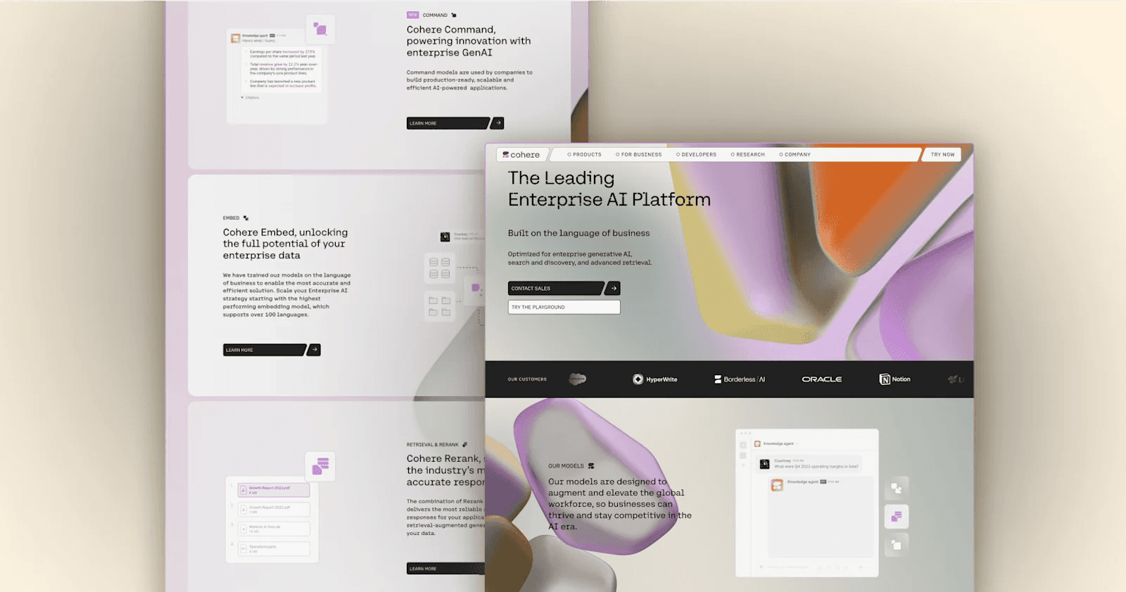 Cohere Screenshots of a website showcasing an enterprise AI platform with various product features and model descriptions.