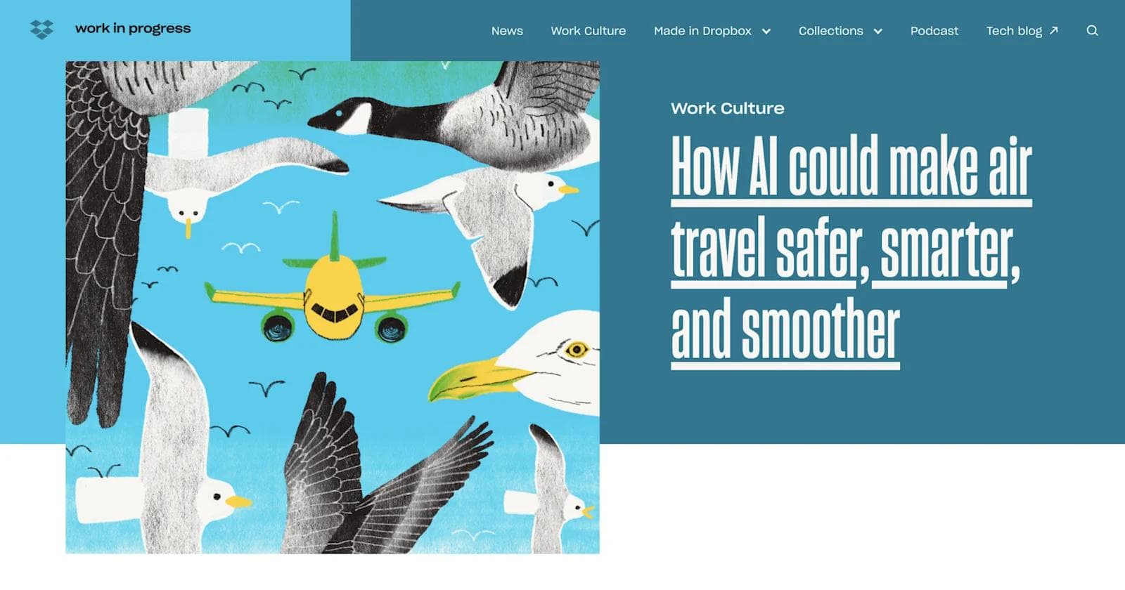 Dropbox-blog-design-example Illustration of birds and a yellow airplane against a blue sky, promoting a feature on AI in air travel.