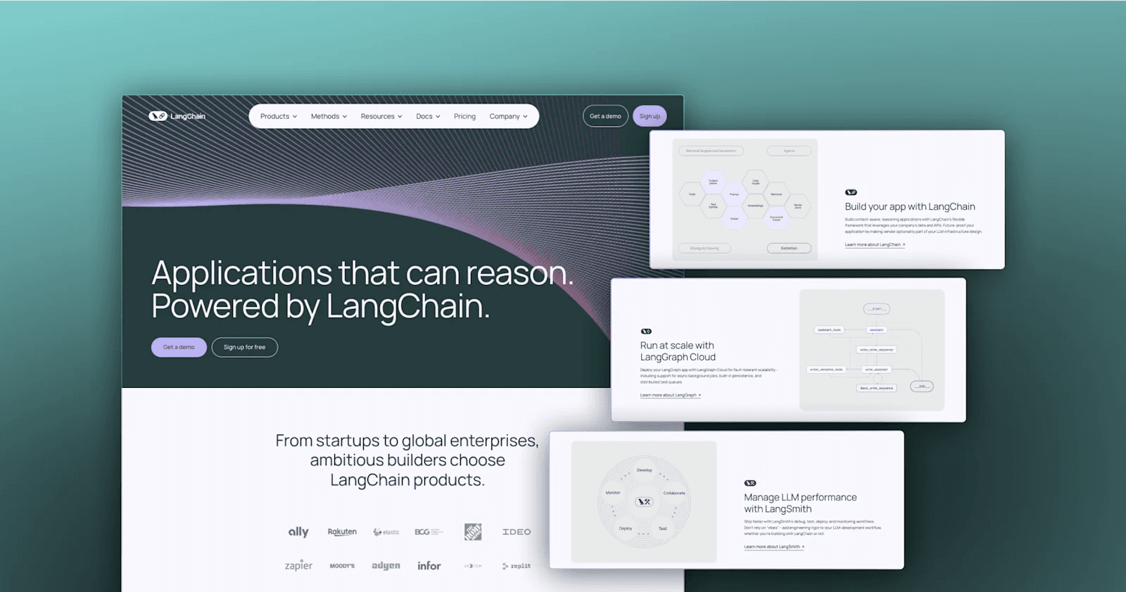 LangChain LangChain website showcasing features for building applications, including diagrams and promotional text.