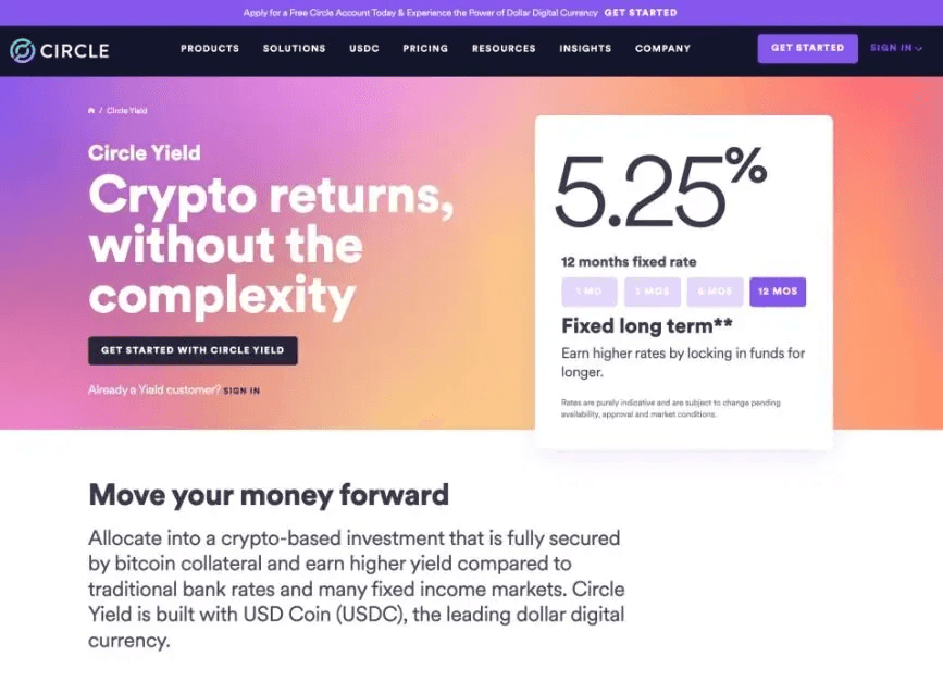 Circle Yield offers crypto returns, highlighting a 5.25% fixed rate for 12 months with simple investment options.