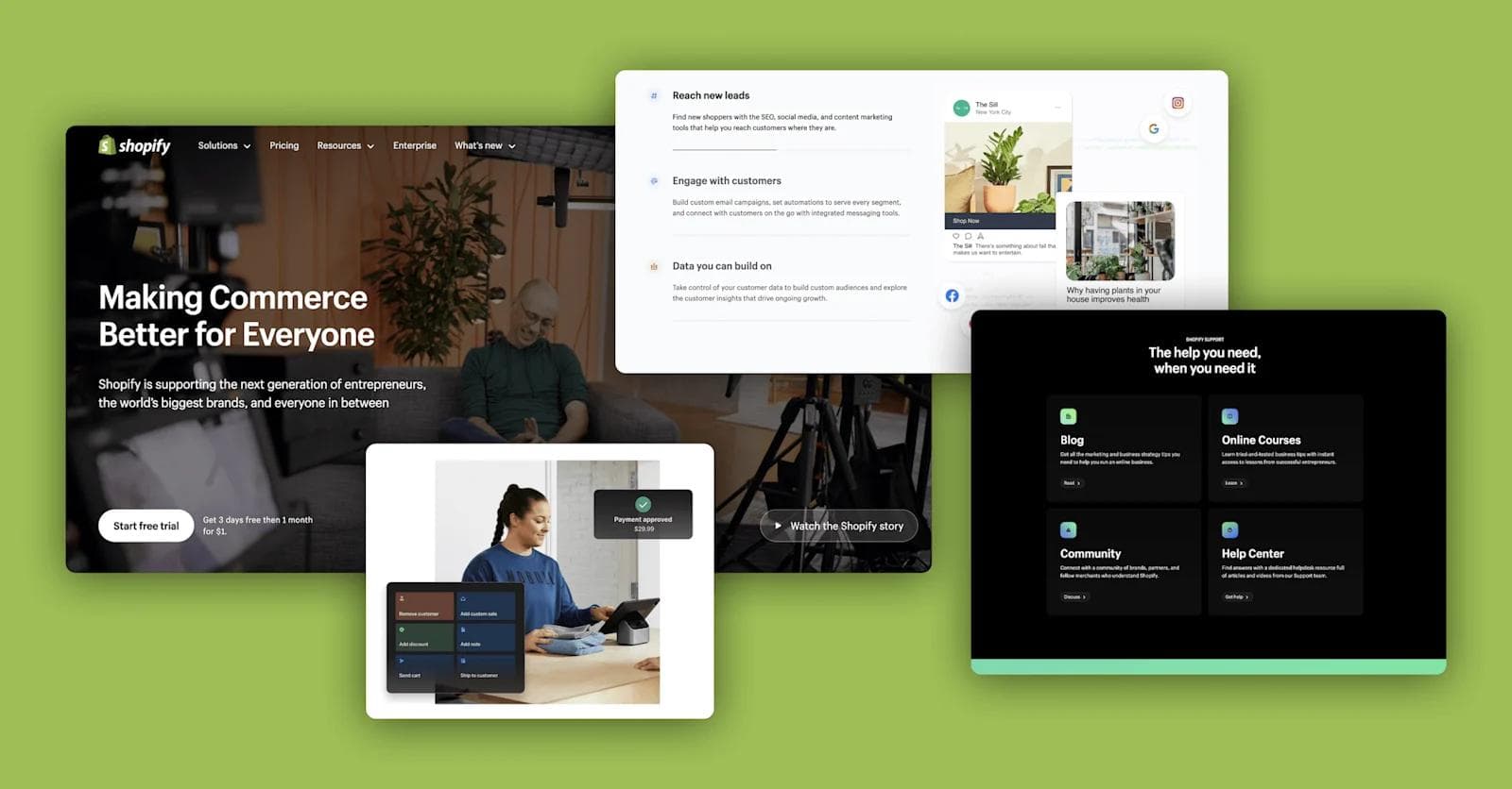 Shopify-Image Shopify homepage featuring support resources, user engagement tools, and a focus on entrepreneurship.