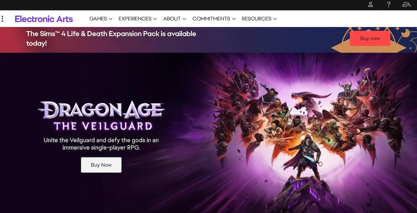 ea homepage Promotional image for "Dragon Age: The Veilguard," featuring diverse characters and a mystical background.