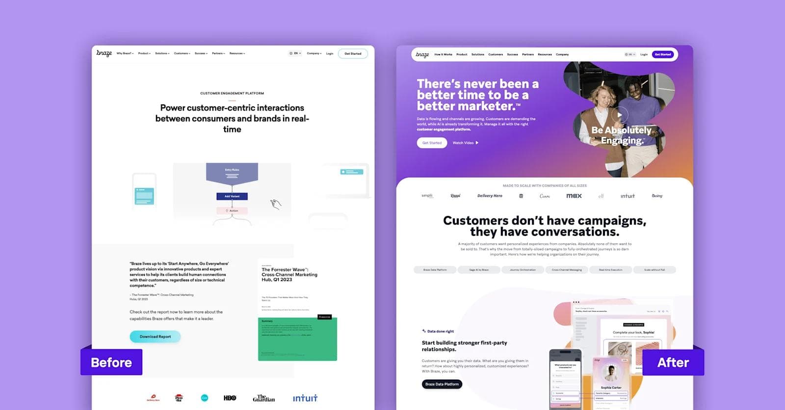 Braze-Image Comparison of a website redesign showcasing "Before" and "After" layouts with updated marketing themes.