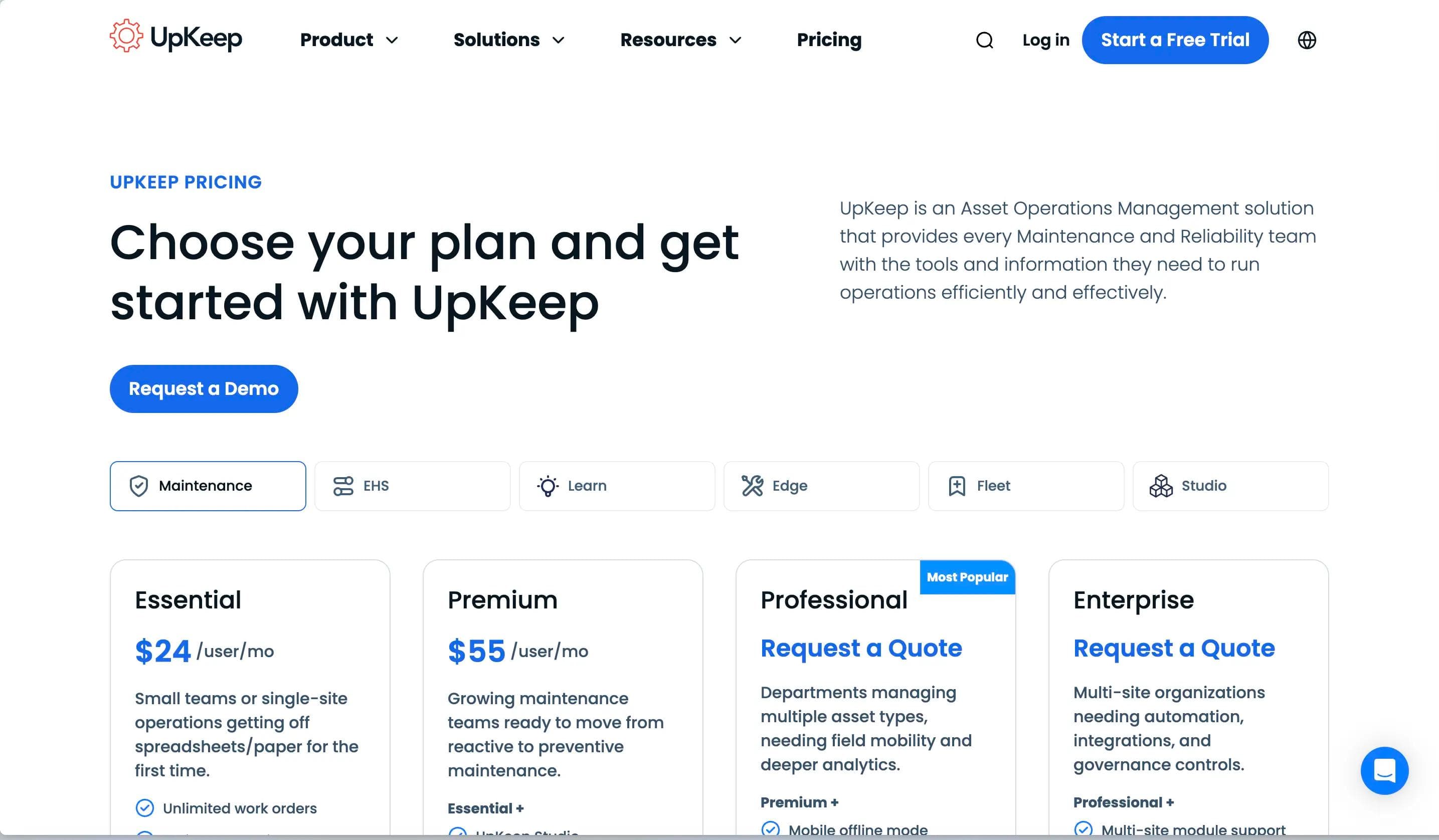UpKeep pricing page