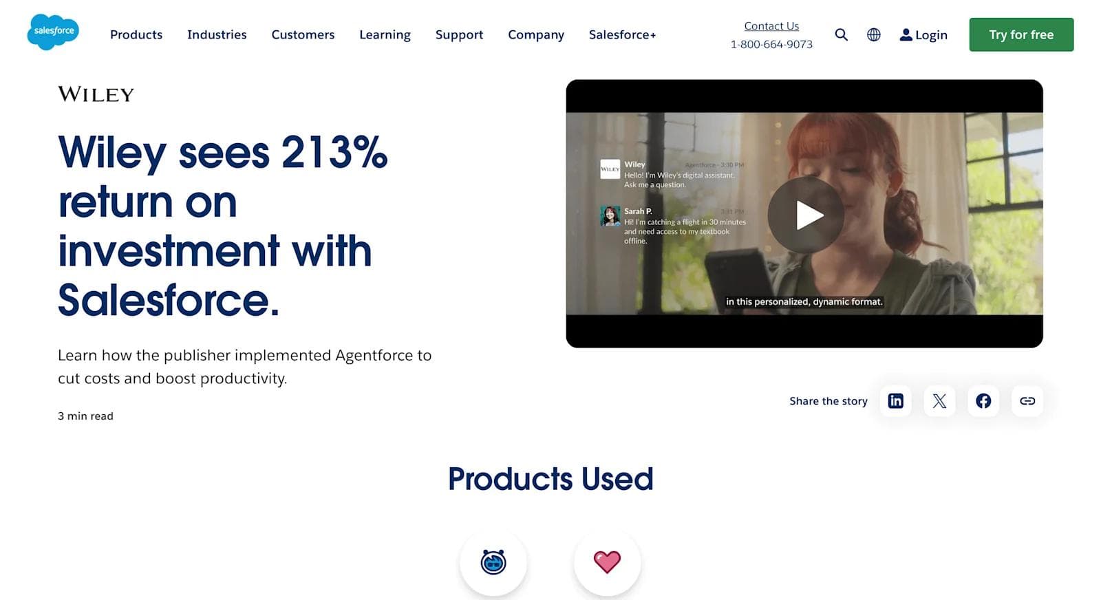 salesforce case study Wiley achieves 213% ROI using Salesforce and Agentforce to enhance productivity and reduce costs. Video included.