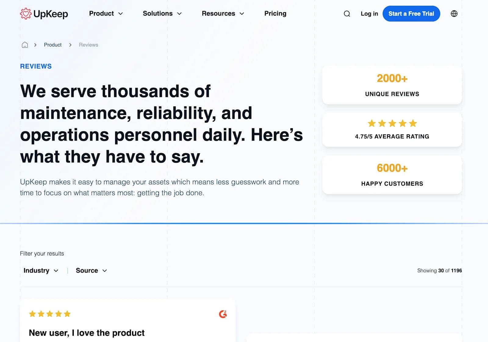 upkeep testimonials UpKeep's review page showcasing user testimonials and ratings for maintenance and operations personnel.