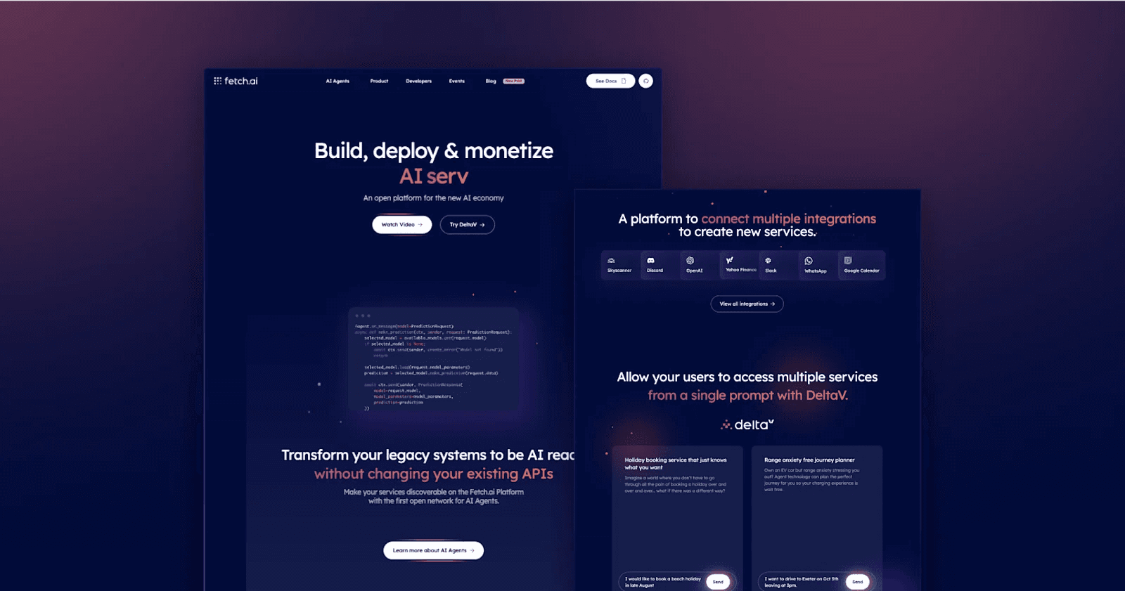 fetchai Landing page for Fetch.ai showcasing AI service integration and deployment features.