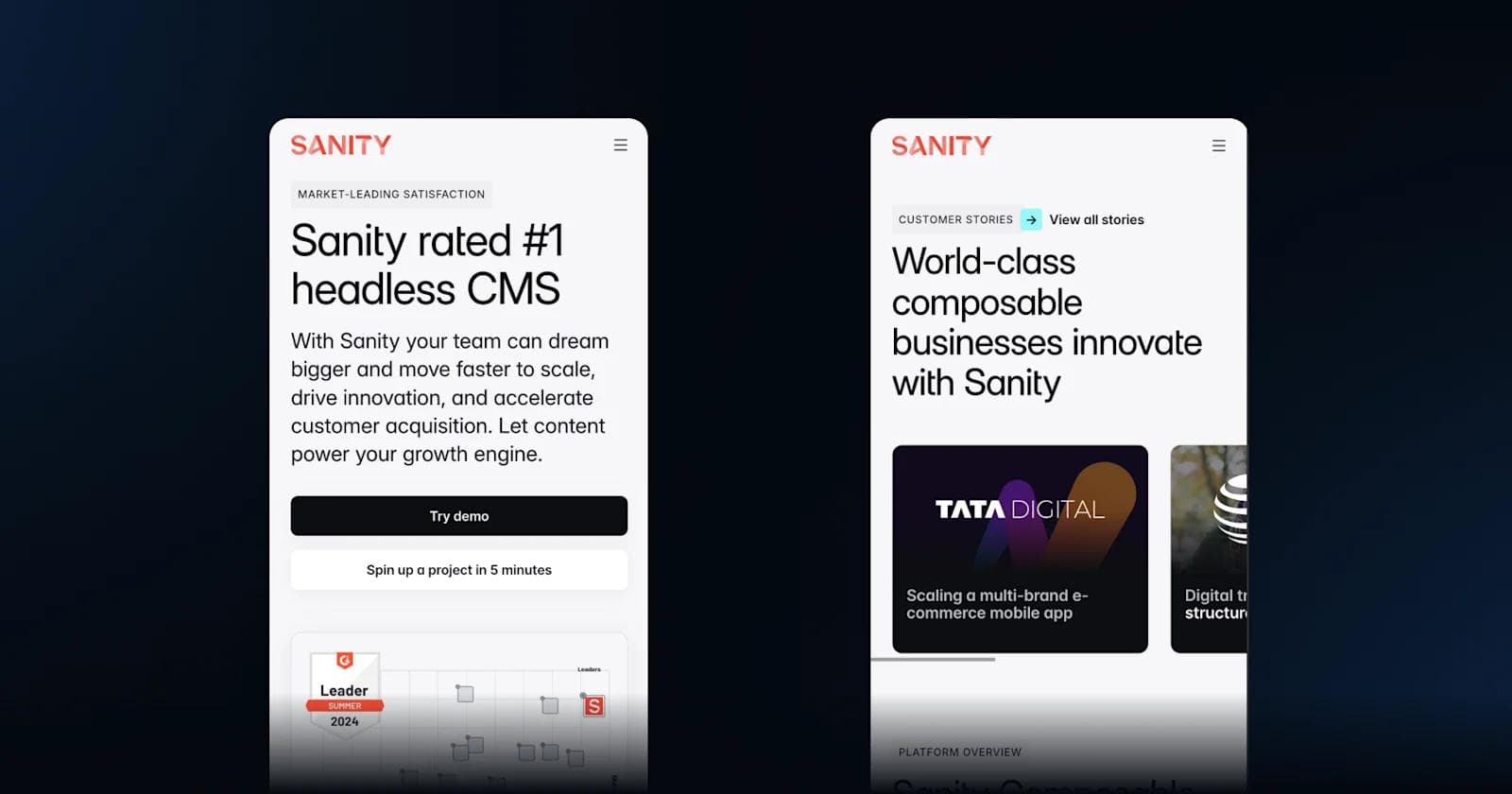 sanity lp Two mobile screenshots showcasing Sanity's features and customer success stories related to headless CMS.