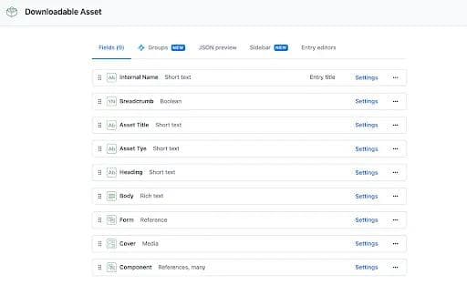 Contentful asset content model An example of a content model for a downloadable asset hosted on a Contentful website application.