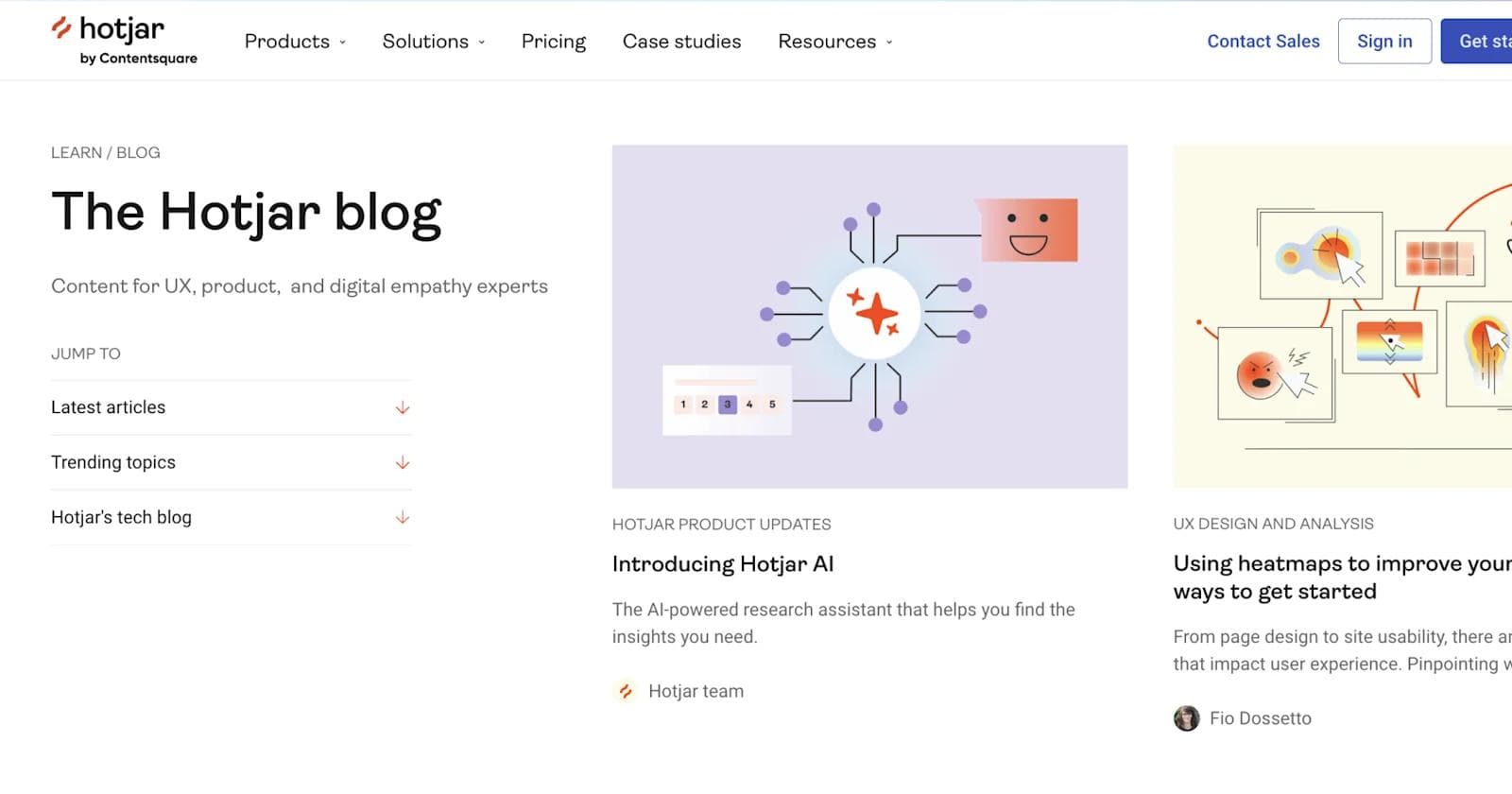Hotjar-blog-design-example Screenshot of the Hotjar blog, featuring sections on UX content and product updates, alongside colorful illustrations.