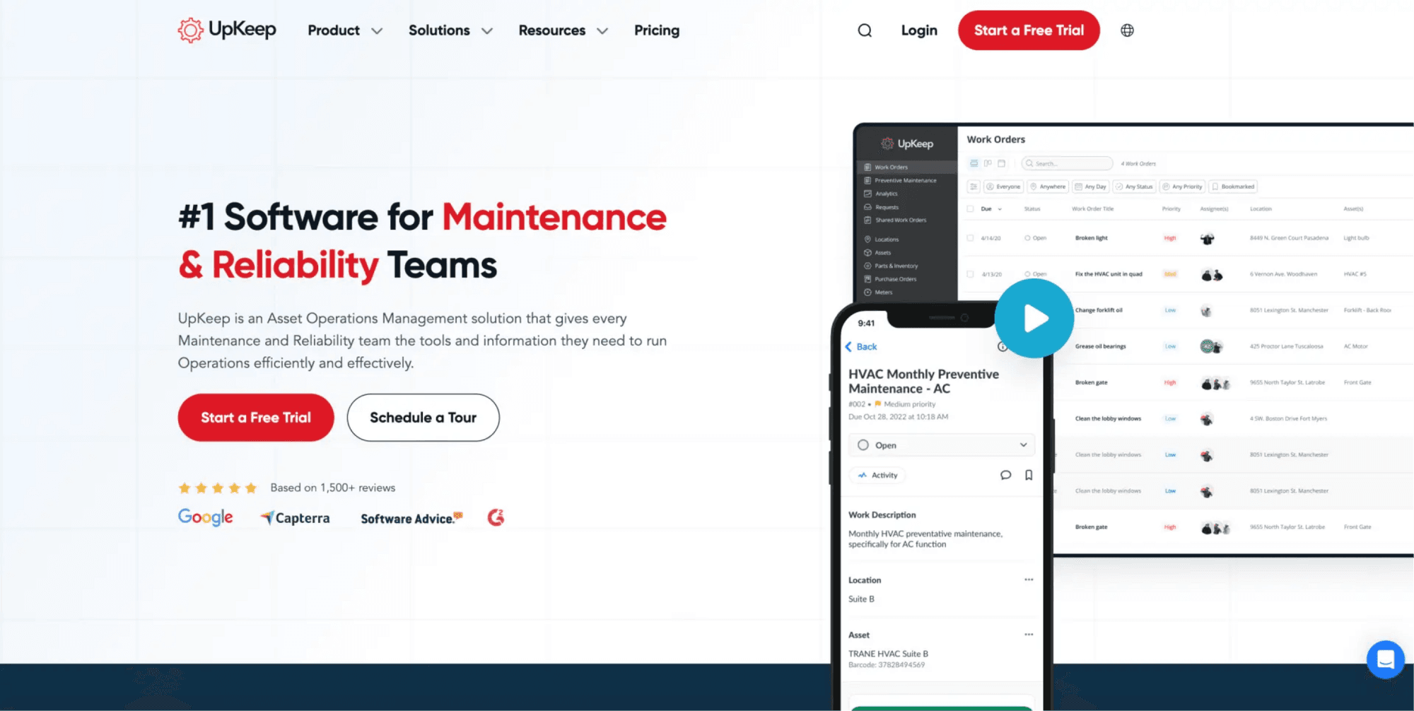 Screenshot of UpKeep's Asset Operations Management software interface, highlighting maintenance work orders and features.