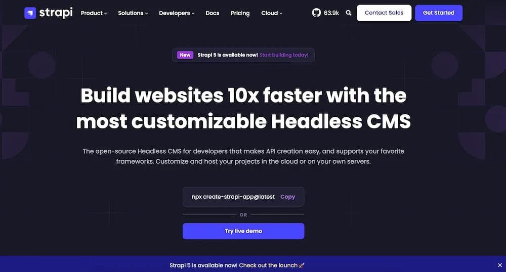 strapi Strapi website promoting its customizable Headless CMS for fast website development and API creation.