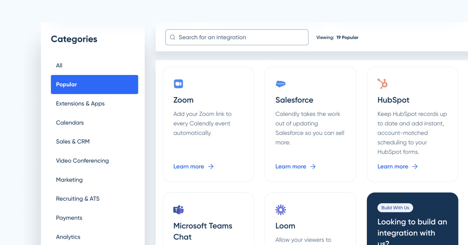 Integration options for Calendly, showcasing popular apps like Zoom, Salesforce, and HubSpot with brief descriptions.