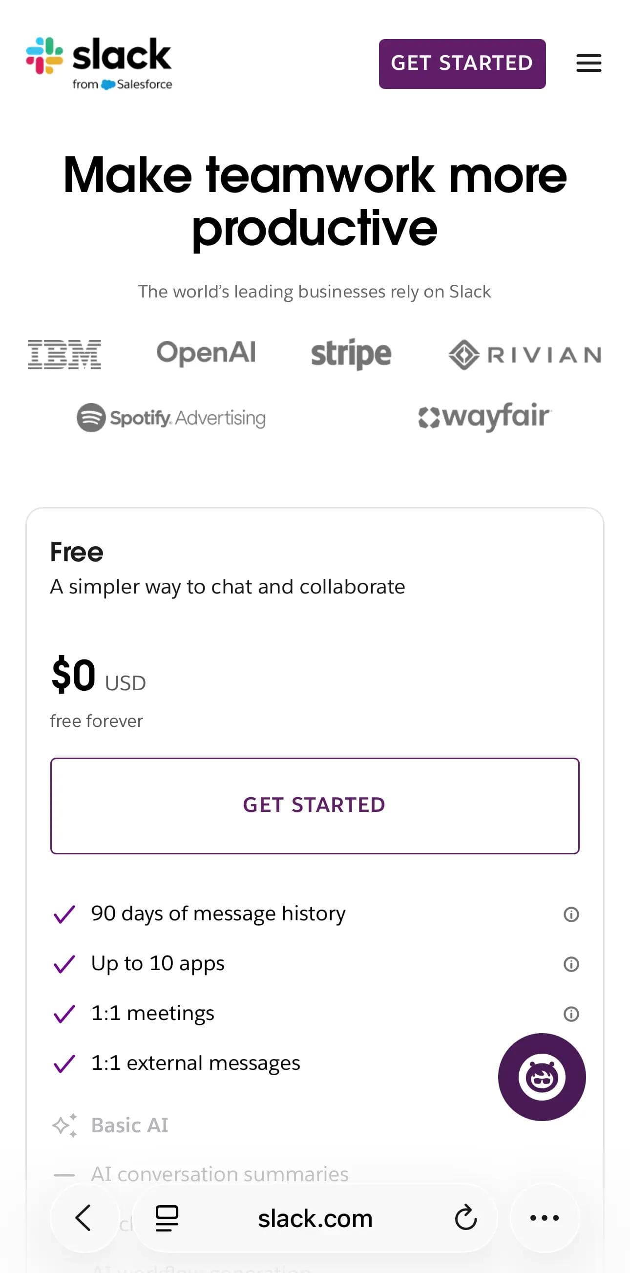 Slack mobile pricing page