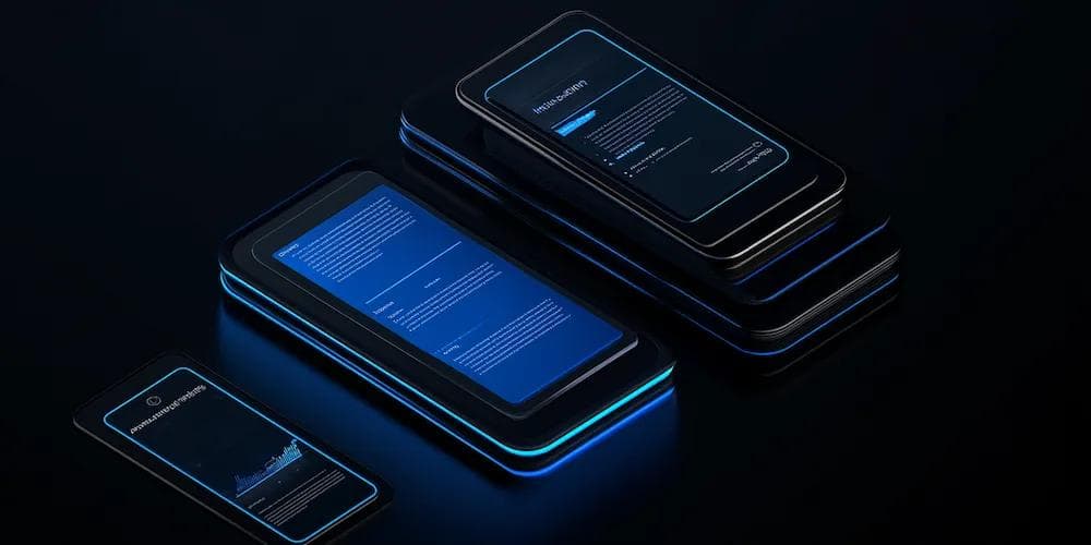 Three sleek smartphones with blue glowing edges display graph and text information against a dark background.