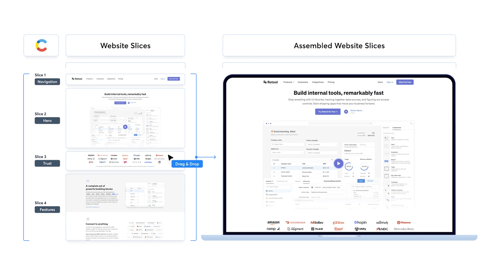 Retool's Modular Website Slices Retool's homepage is broken up into modular website components.