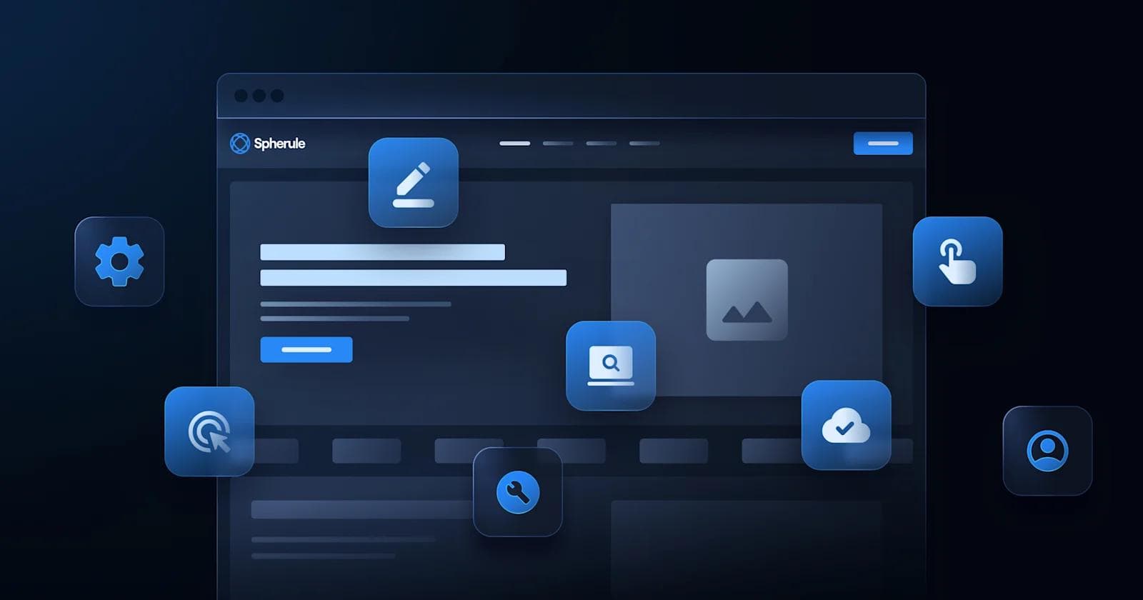 Most Important Pages for CRO Abstract digital interface with various app icons and a dark theme, featuring tools and options for user interaction.