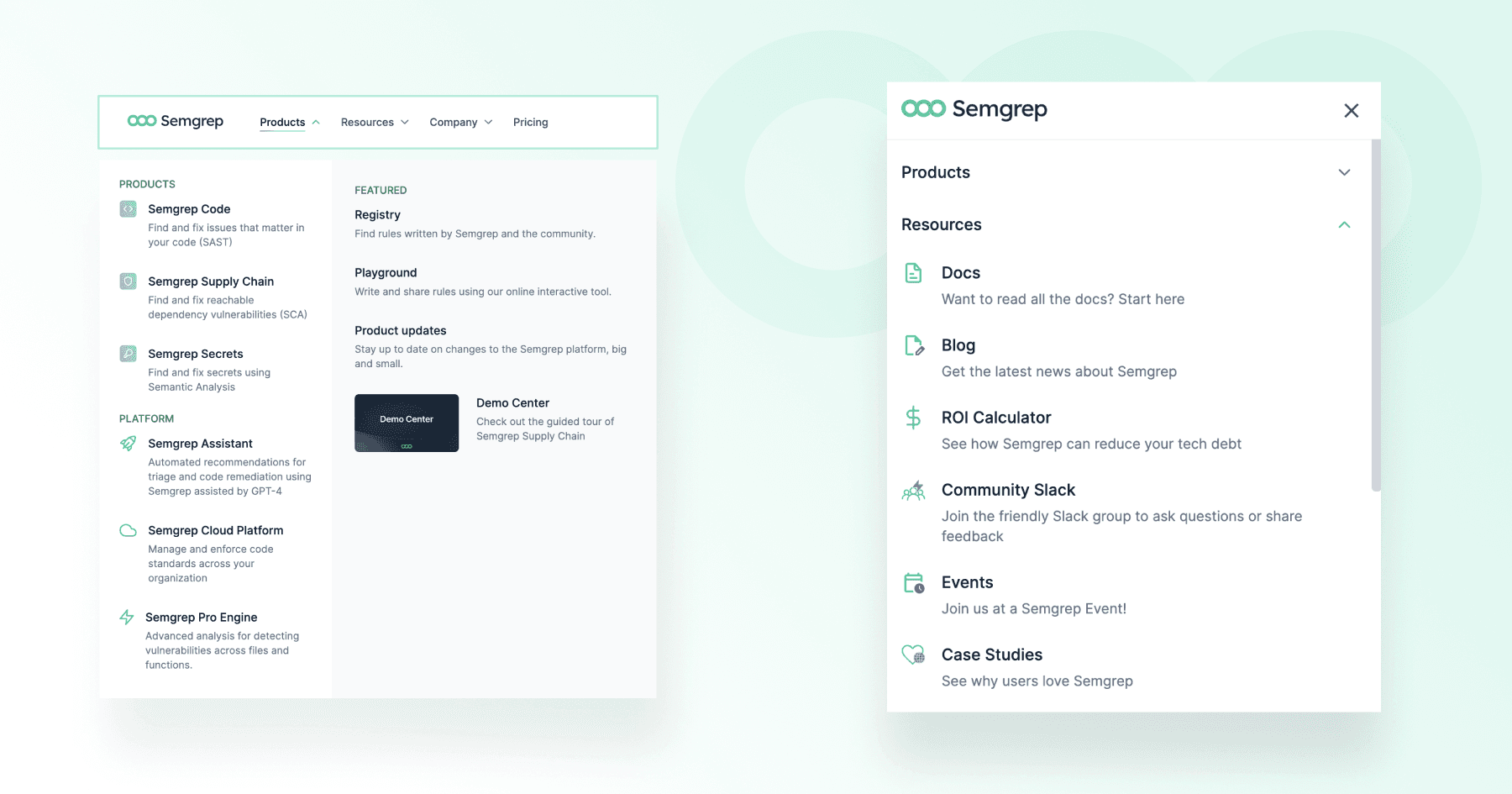 Semgrep interface showcasing products, resources, and community engagement options.