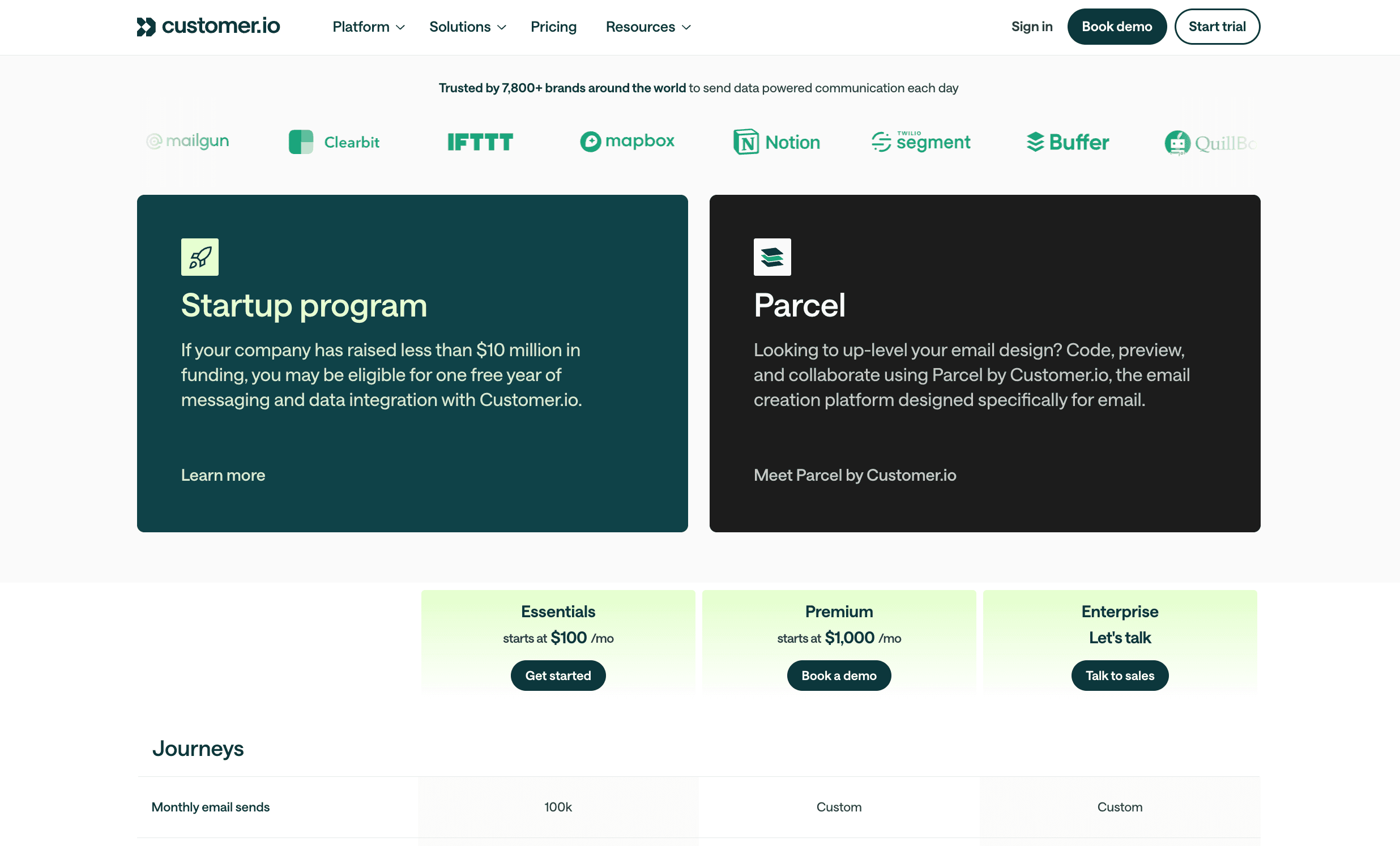 Customer.io webpage showcasing a startup program and email design services with pricing options for plans.