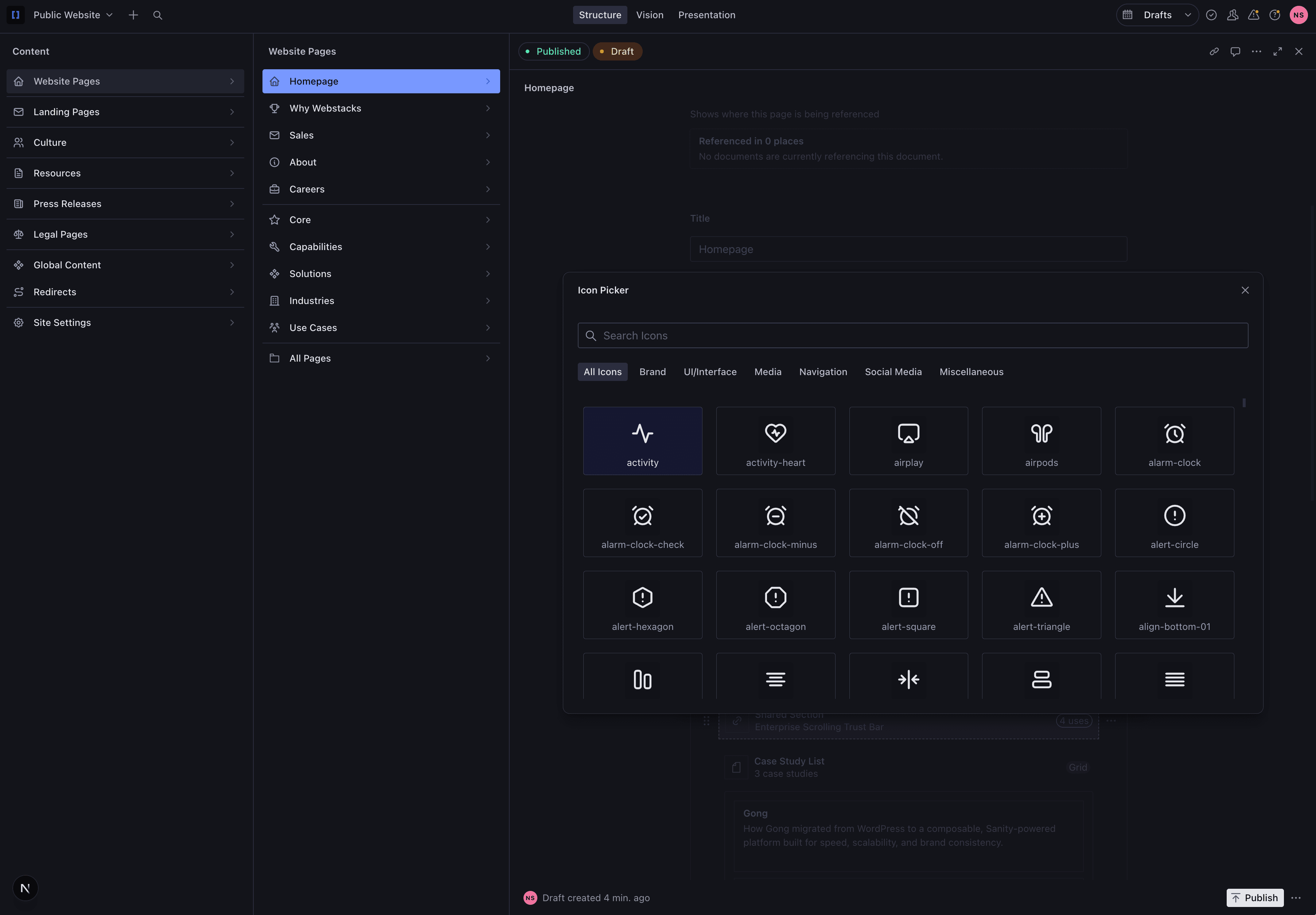 Screenshot of the searchable icon selector custom input in Sanity Studio showing a visual grid of categorized SVG icons with search