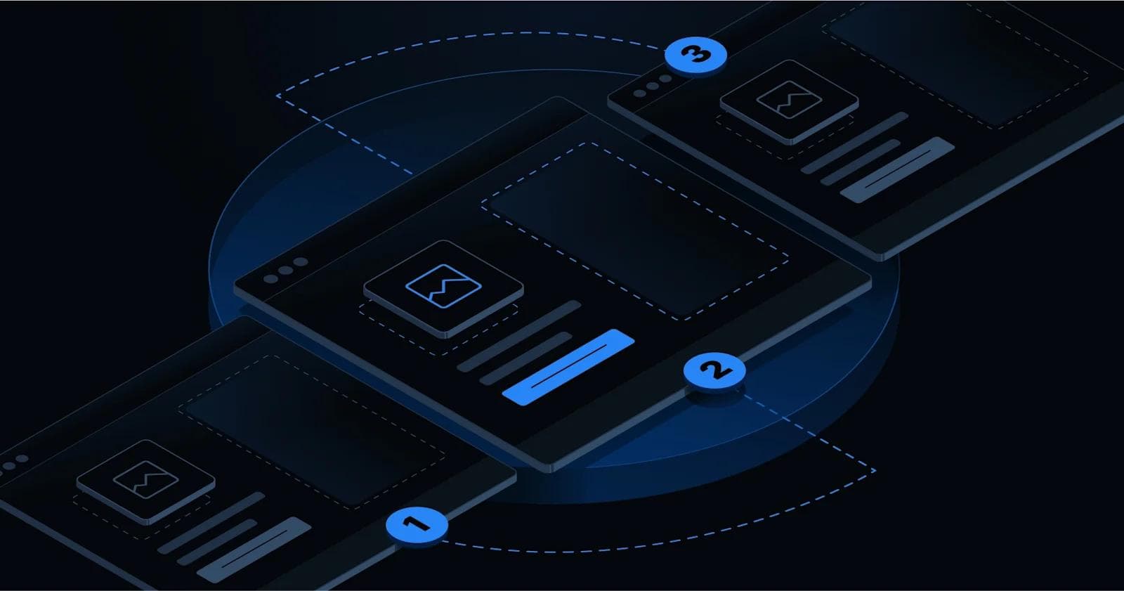 Three layered digital screens with numbered steps and blueprint lines on a dark background.