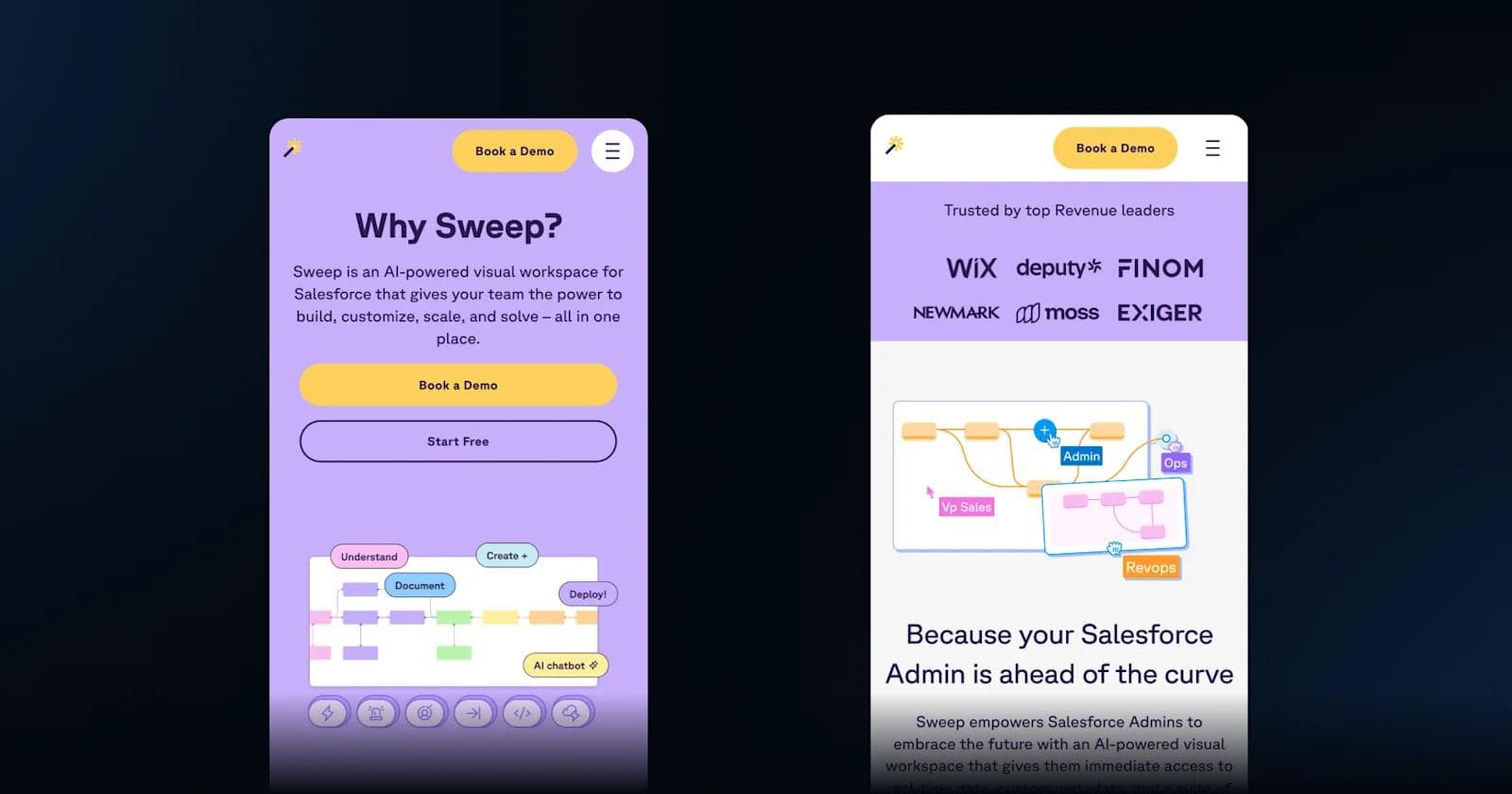 sweep lp Two smartphone screens displaying the AI-powered Sweep platform for Salesforce with demo options and diagrams.