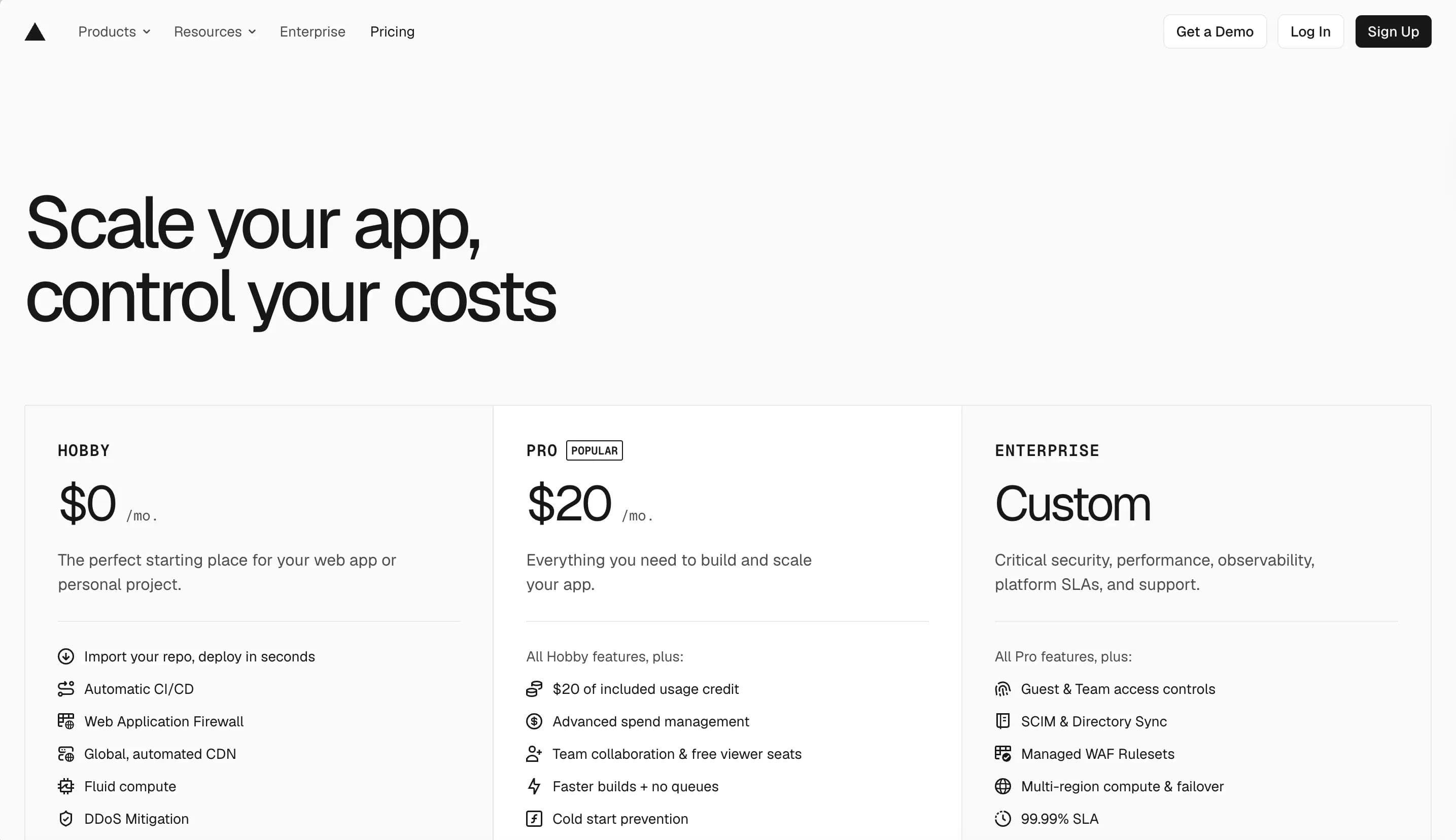 Vercel pricing page