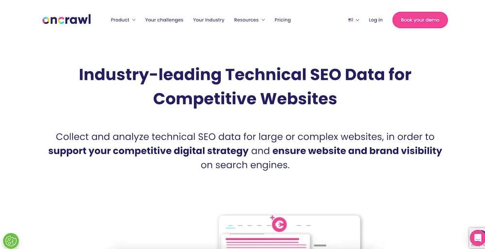 oncrawl Oncrawl website showcasing SEO analytics solutions for competitive digital strategies.