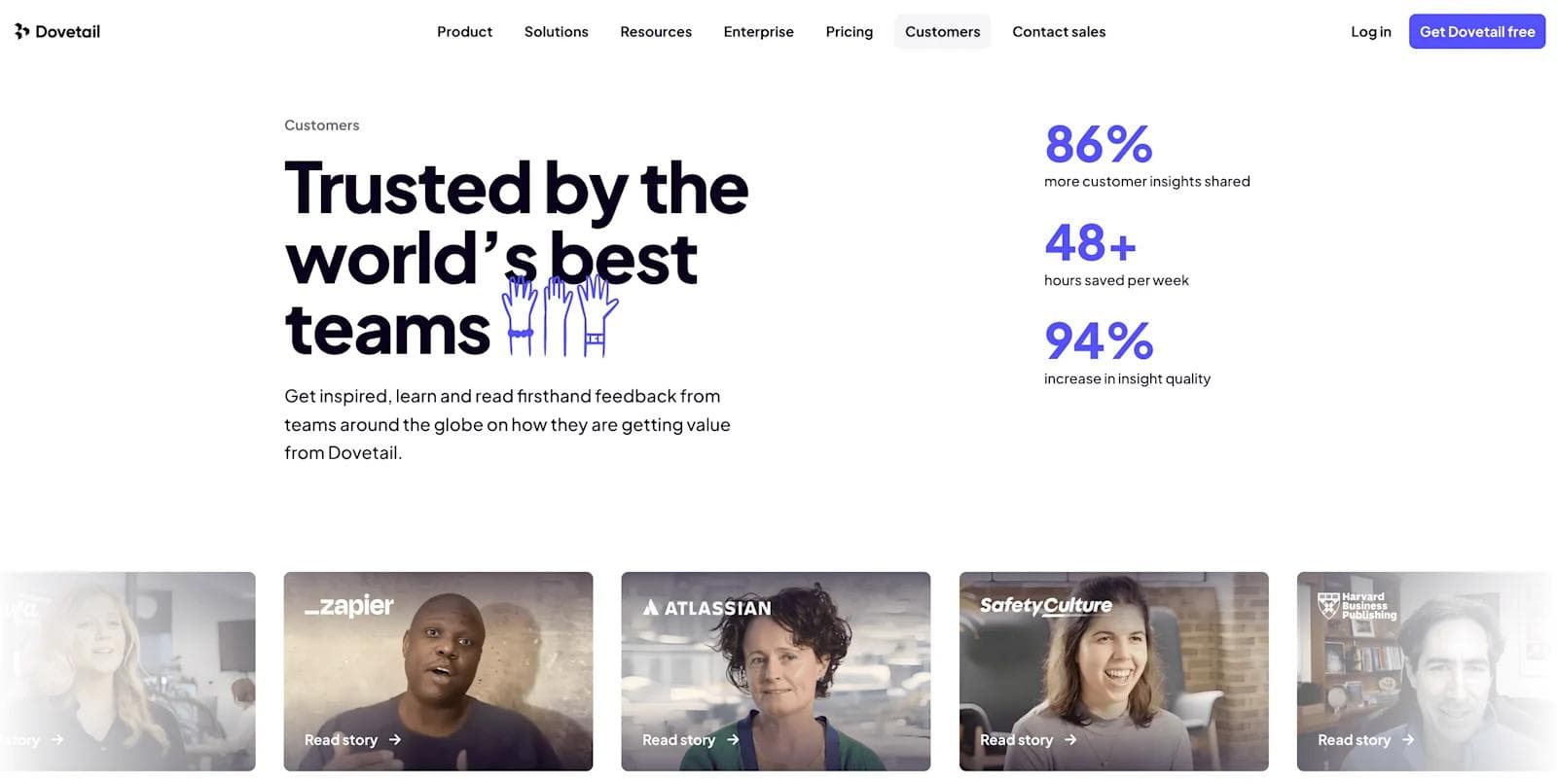 dovetail testimonials Dovetail website section highlighting customer insights and success metrics with testimonials and visual engagement elements.