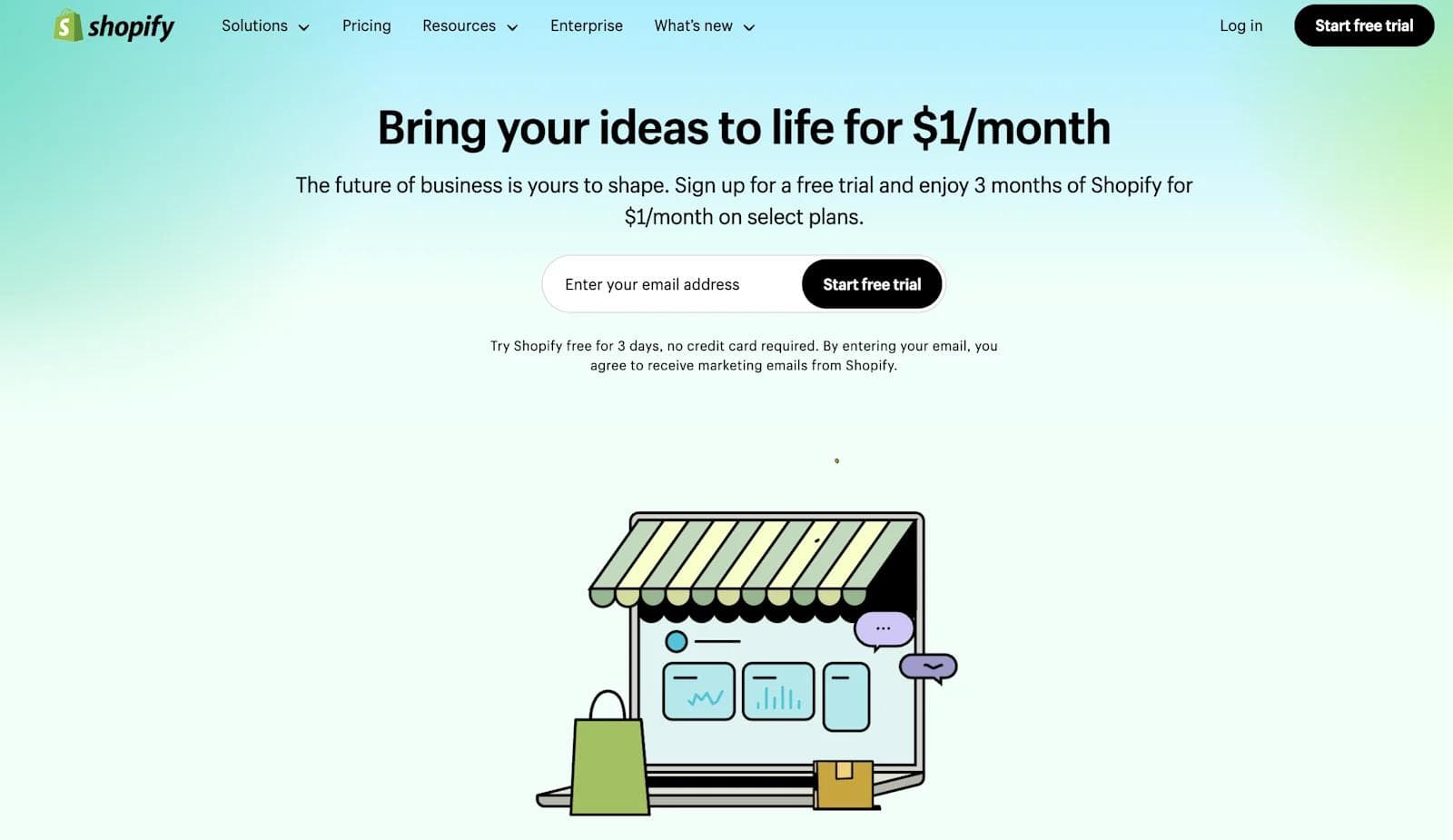 Shopify Landing Page Shopify promotional webpage offering a free trial and monthly plans starting at $1.