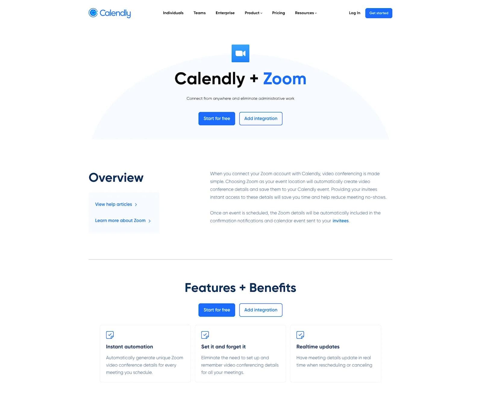 Calendly + Zoom Landing Page A screenshot of Calendly's Zoom integration landing page.