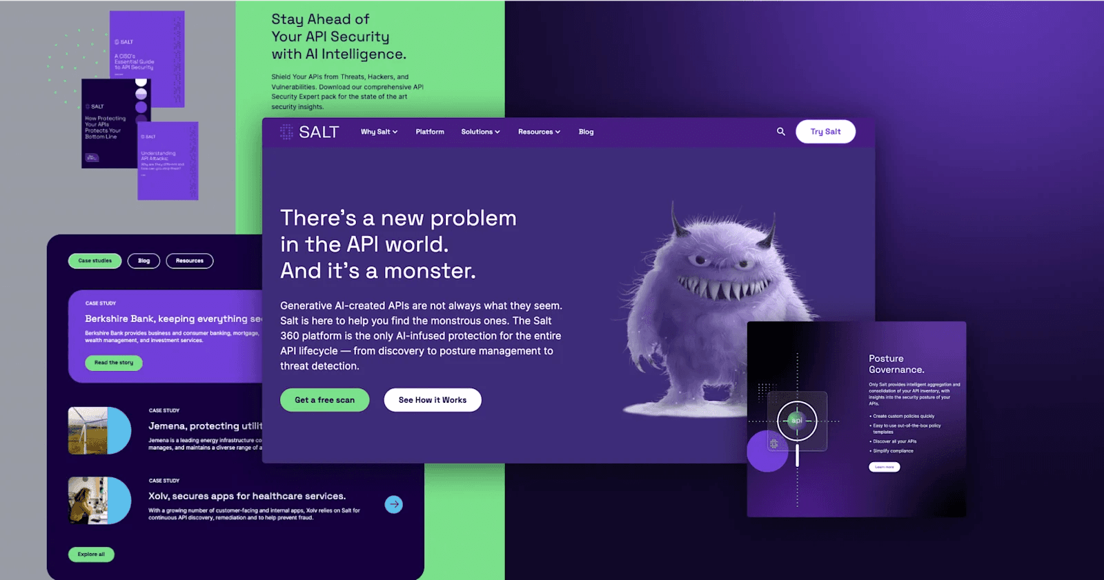 salt-security Colorful webpage layout showcasing AI-driven API security, featuring a monster character and various service highlights.