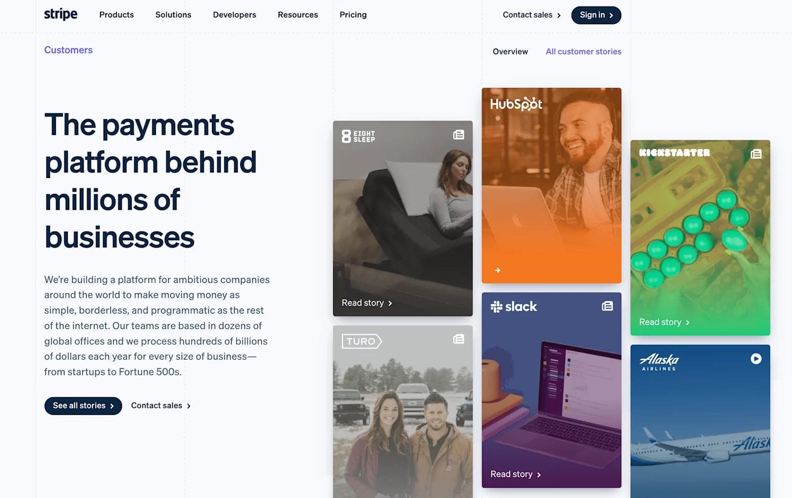 stripe testimonials Stripe's website showcases its payment platform, featuring customer stories from various businesses.