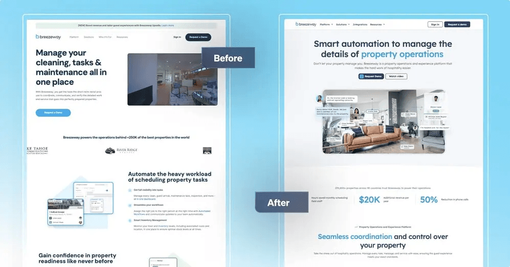 Comparison of two webpages showing an updated design and enhanced features for property management software by Breezeway.
