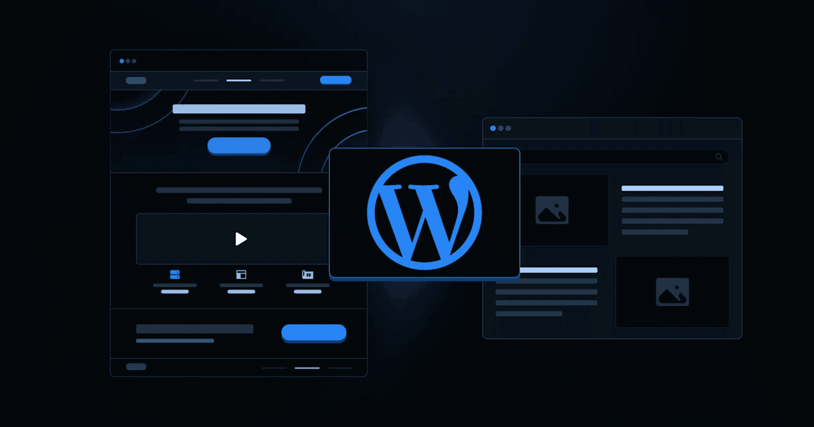 WordPress logo surrounded by website interface elements on a dark background.