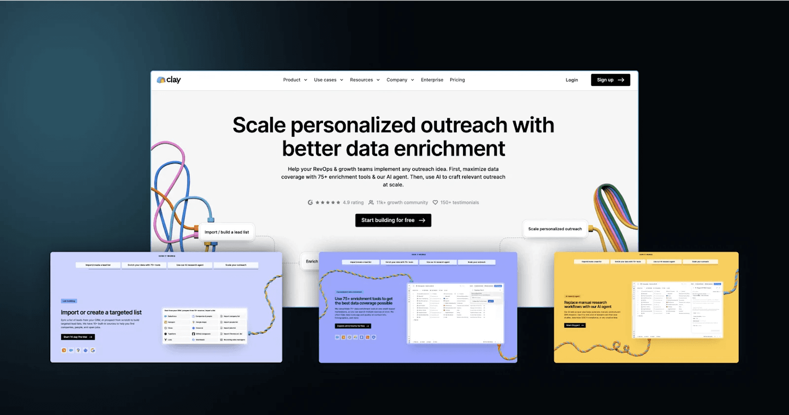 Clay-ai-website Homepage of Clay, showcasing features for scaling outreach and data enrichment with illustrative graphics.