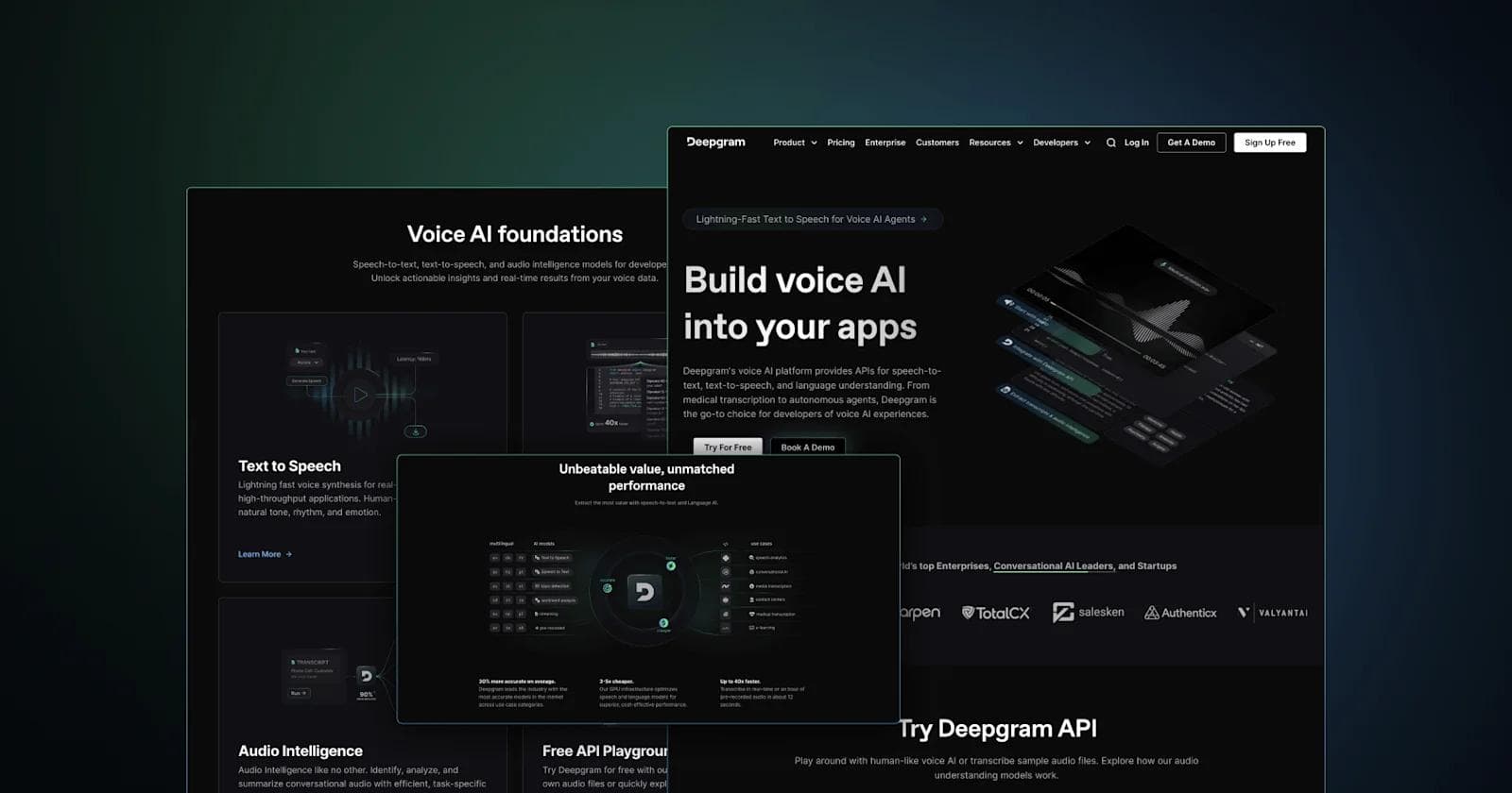 Deepgram-website Webpage showcasing Deepgram's voice AI solutions, highlighting text-to-speech and audio intelligence features.