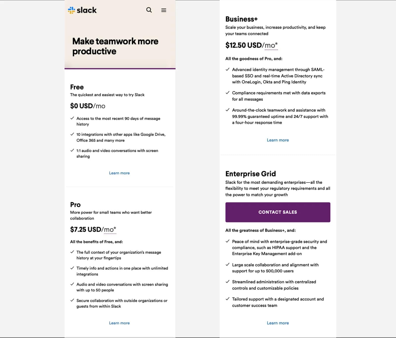 Slack Pricing Page Mobile A screenshot from a mobile device of Slack's pricing page.