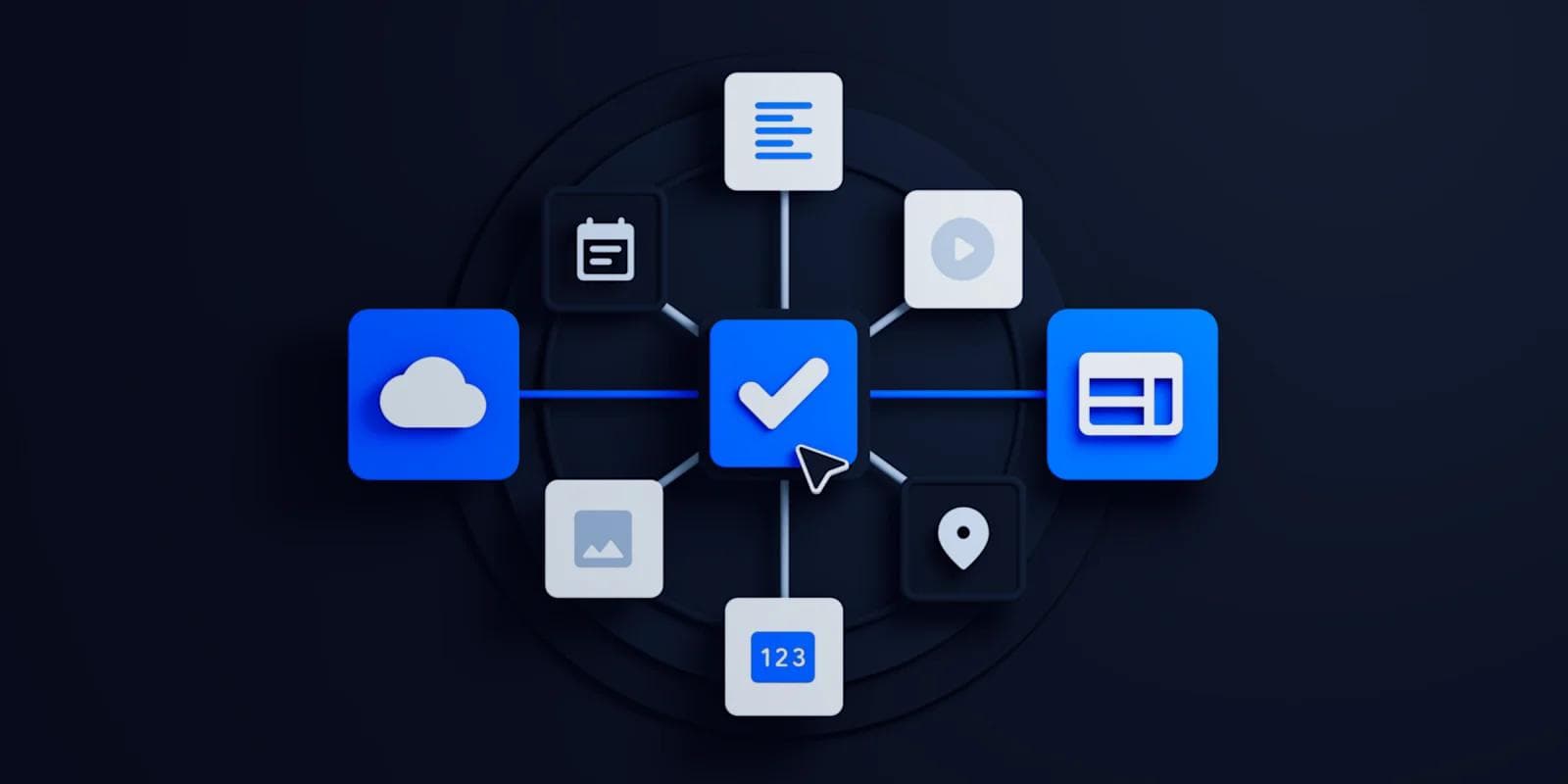Network of icons connected to a central check mark, representing various digital tools and data types.