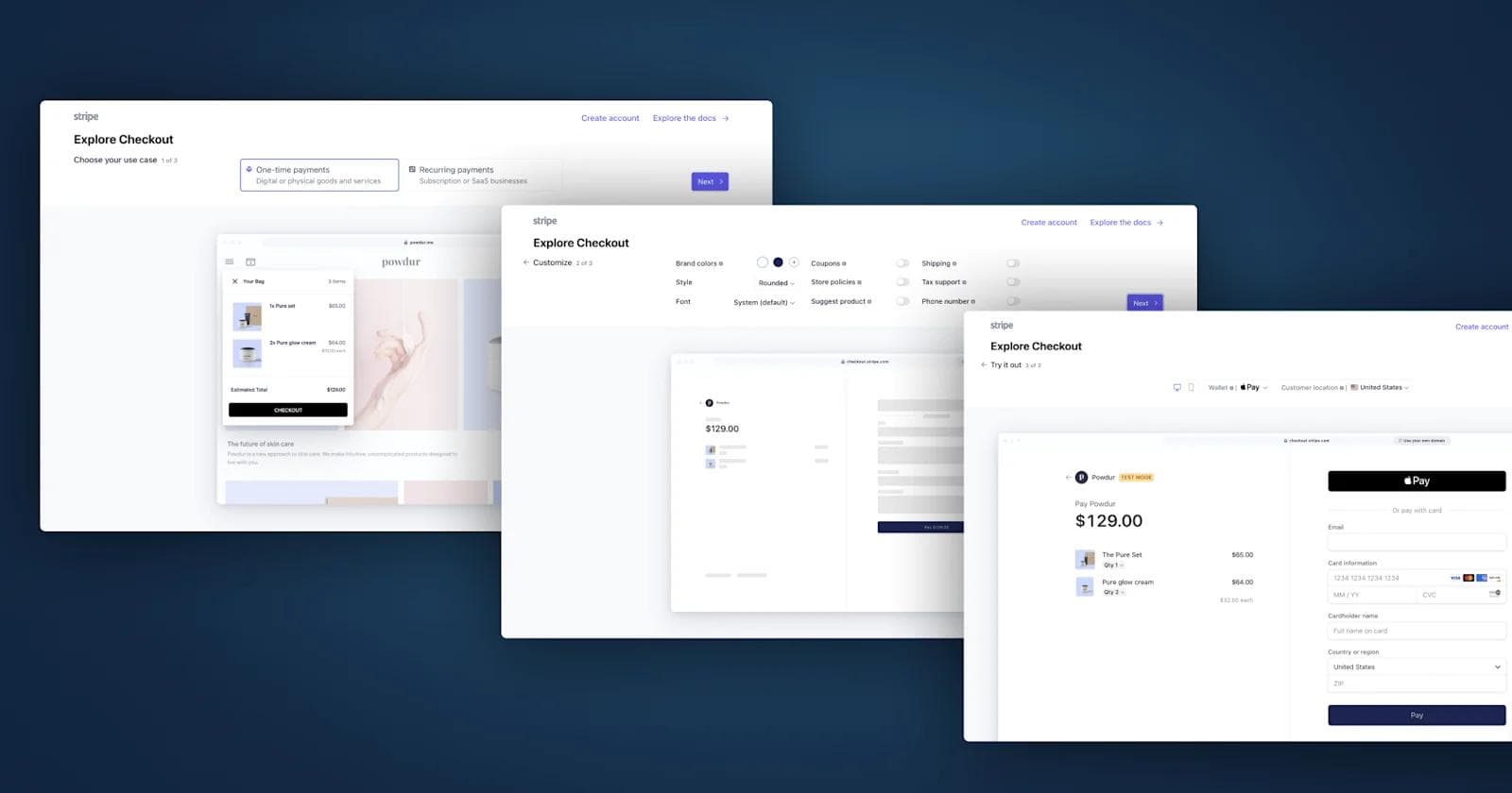 Stripe - Demo page v2 Stripe checkout interface displaying payment options and cart details for a skincare purchase.