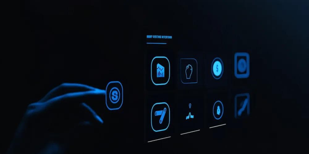 A hand reaching toward a glowing touchscreen displaying various app icons in blue on a dark background.
