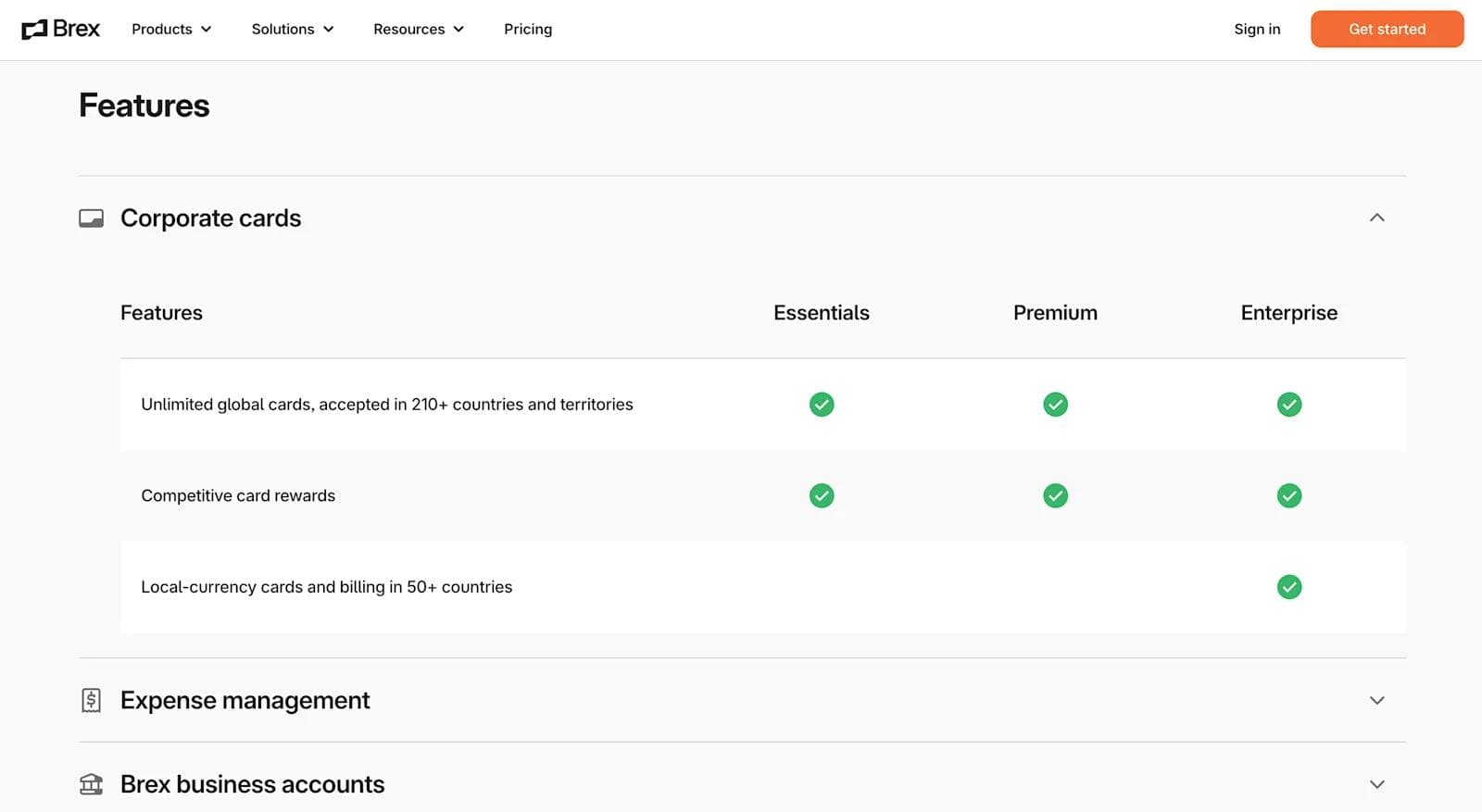 brex-plan-features Brex features comparison for corporate cards: Essentials, Premium, and Enterprise plans with various offerings highlighted.