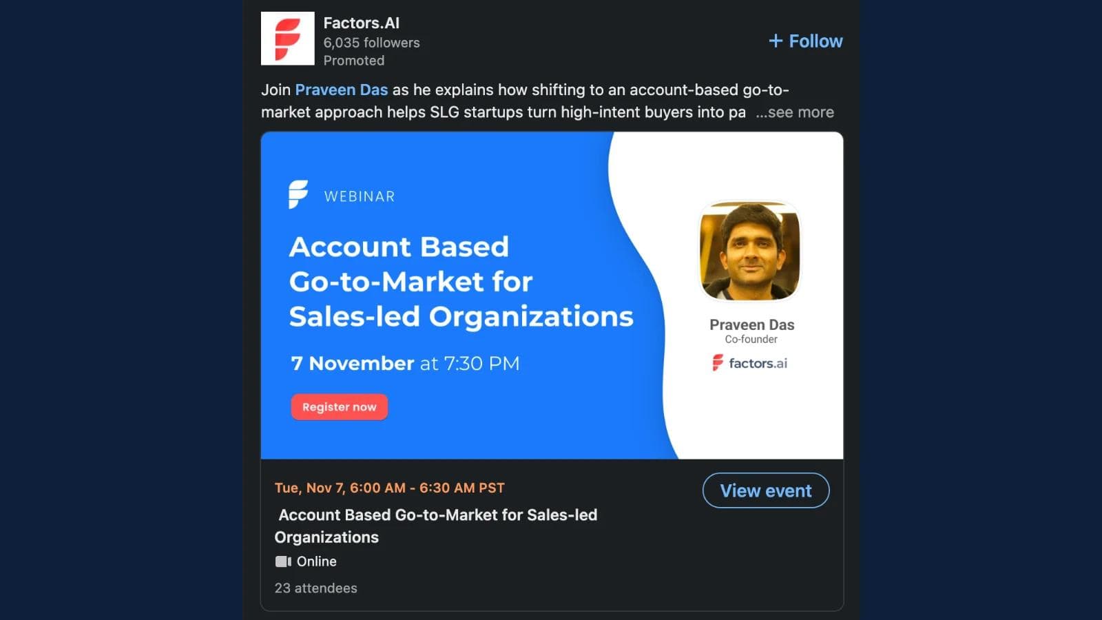 atomic-design-2 Webinar announcement for "Account Based Go-to-Market for Sales-led Organizations" featuring Praveen Das.