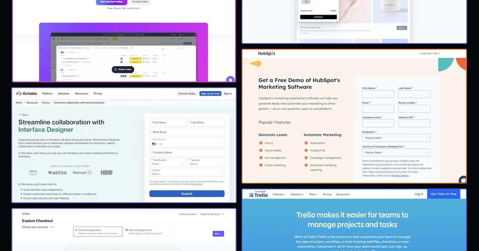Collage of software interface designs including Airtable, HubSpot, and Trello for project and marketing management.