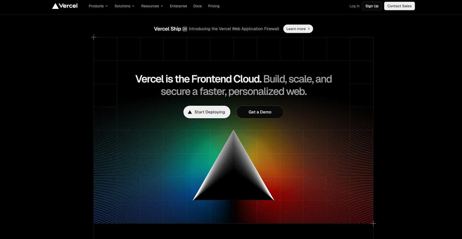 vercel website Homepage of Vercel featuring a colorful gradient background and buttons for deploying and requesting a demo.