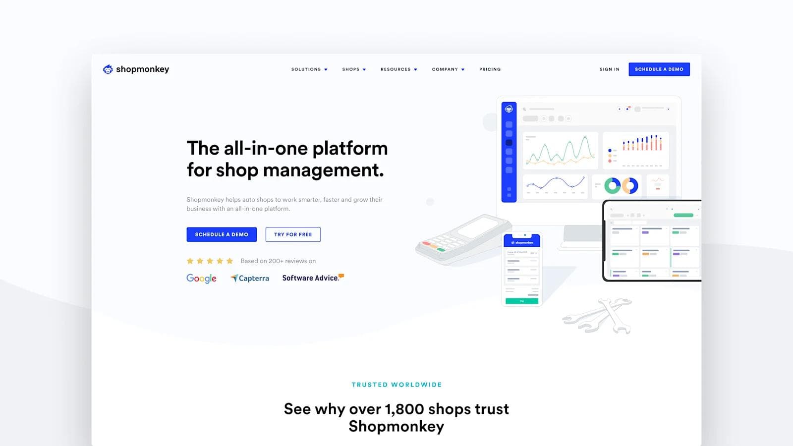 Shopmonkey Home Shopmonkey homepage showcasing an all-in-one platform for shop management with analytics and scheduling features.