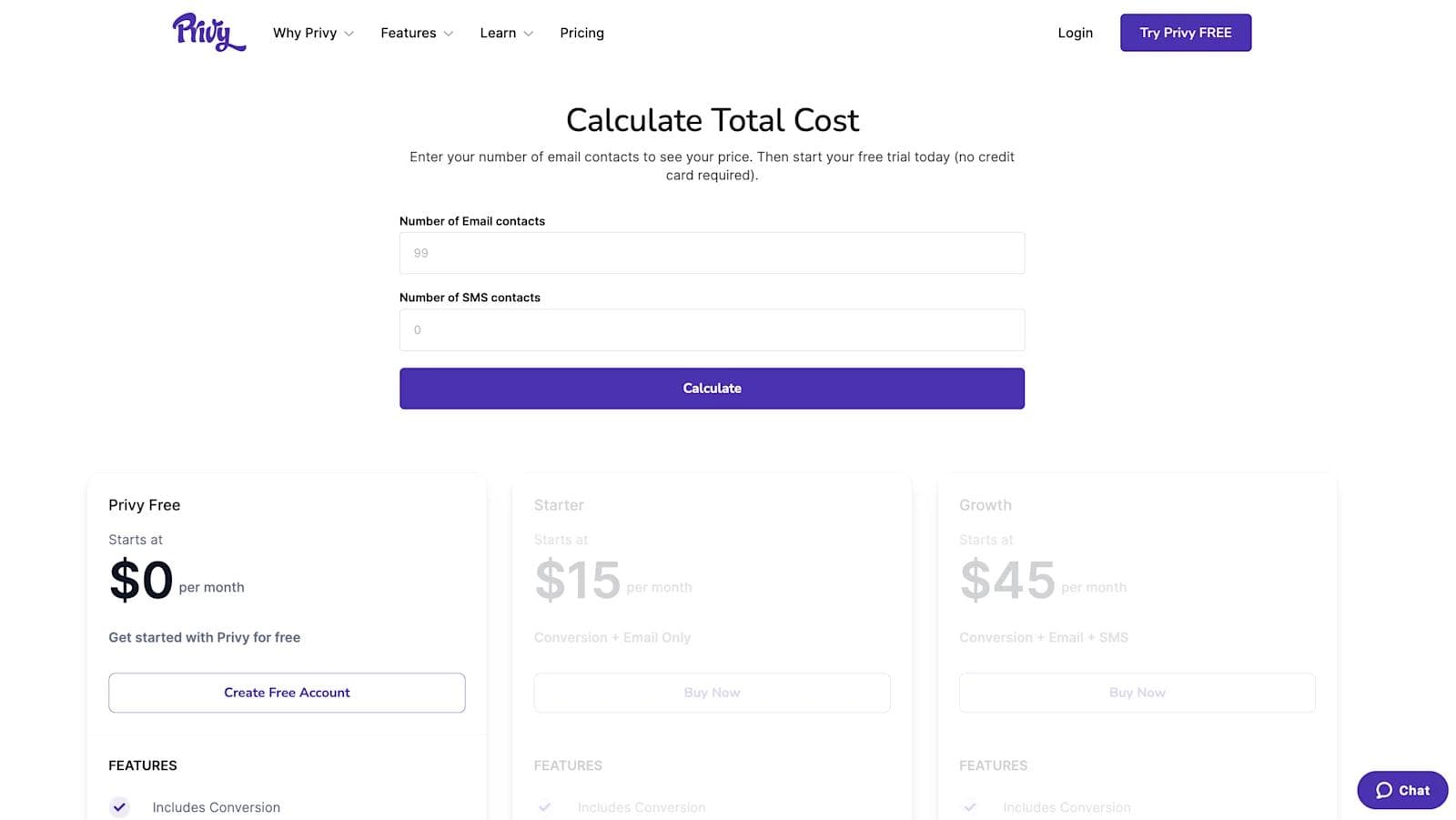 Privy Cost Calculator Privy's cost calculator on their pricing page.