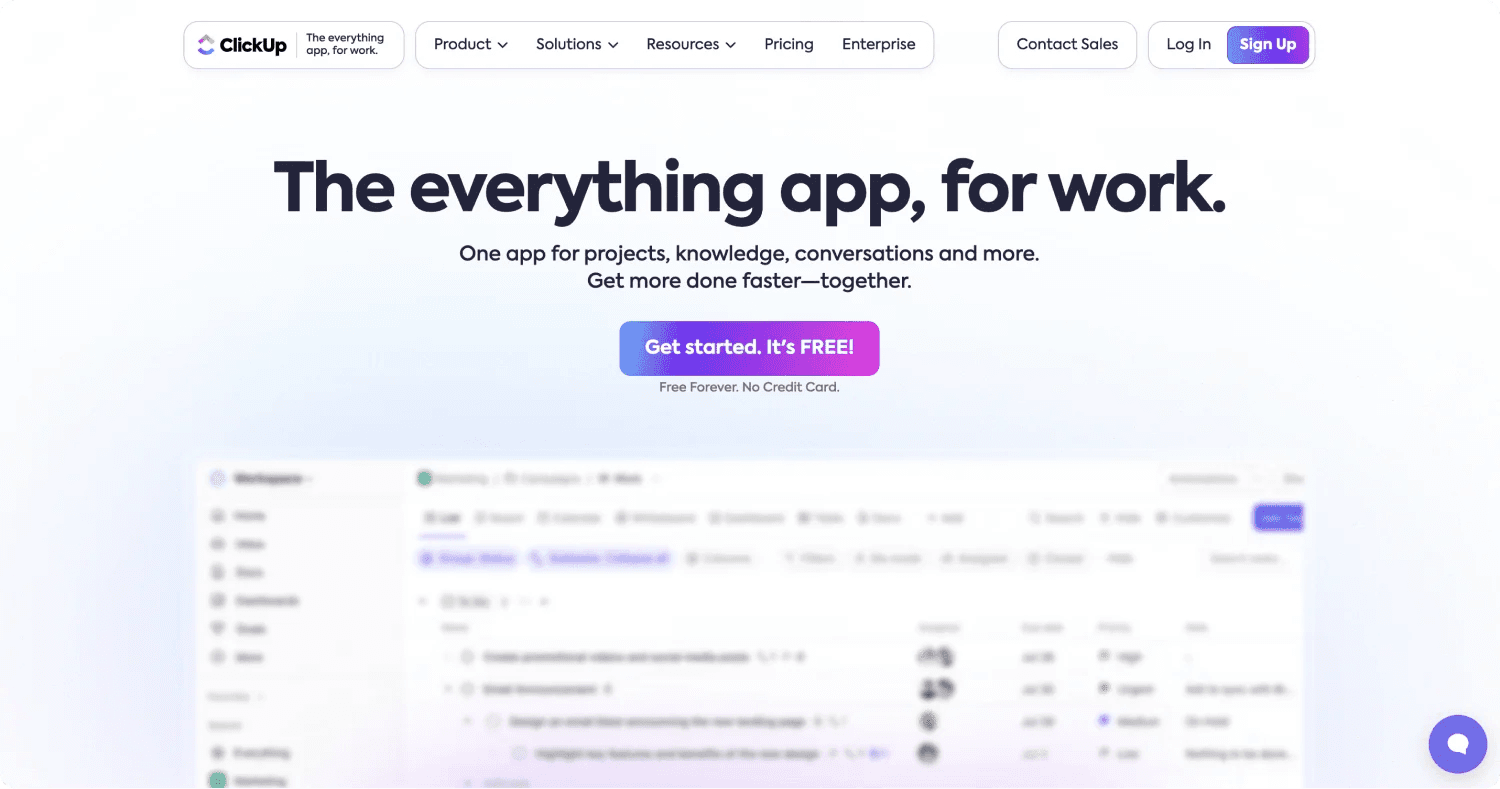 clickup homepage Homepage of ClickUp, featuring a tagline about project management and a call-to-action button to start for free.